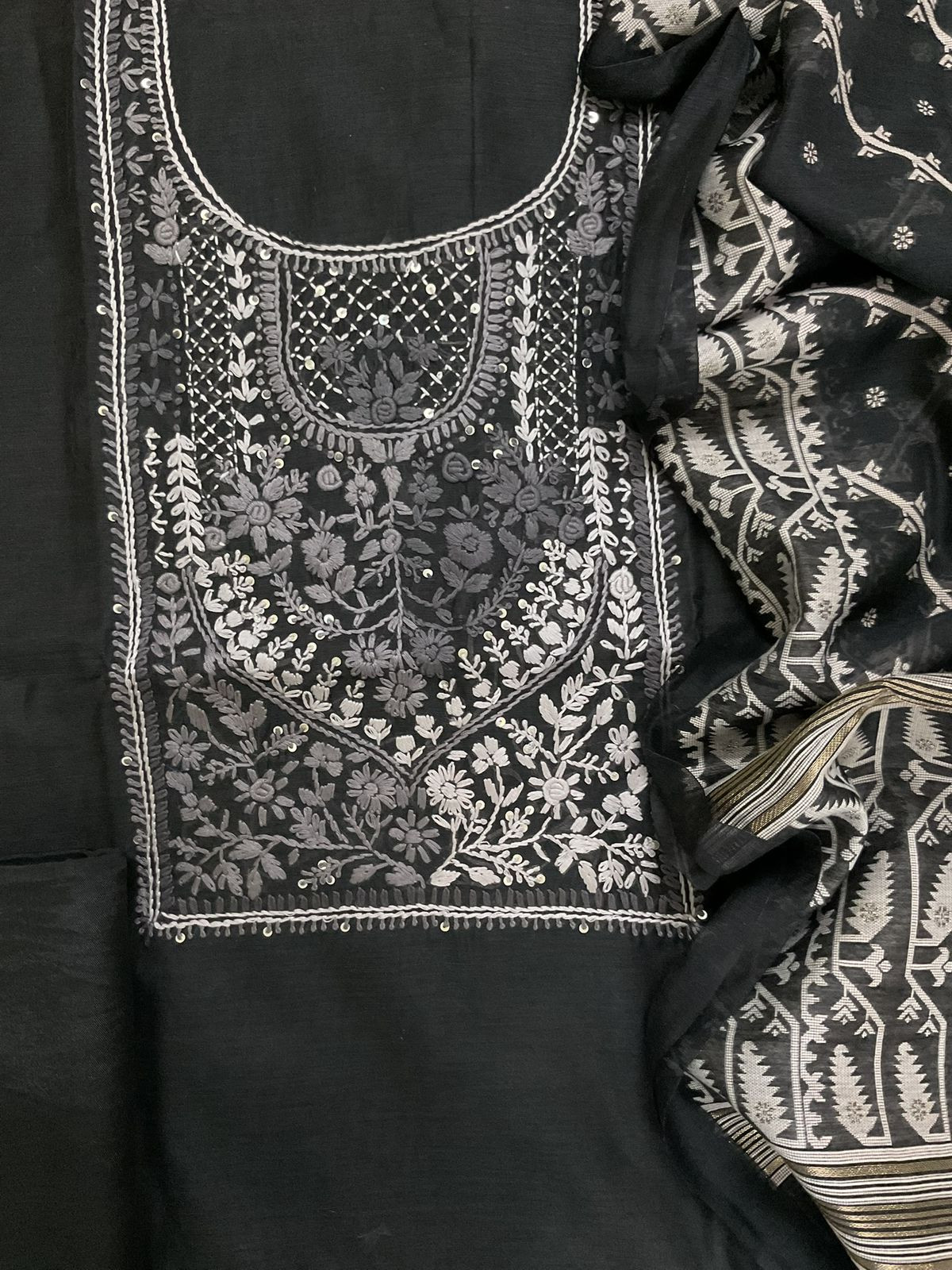 Soft Kora Chanderi Jamdani Weaved Embroidered Suit - Black
