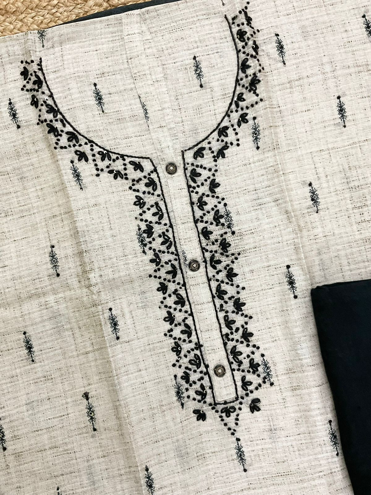 Soft Semi Raw Silk Printed Embroidered Suit - Beige