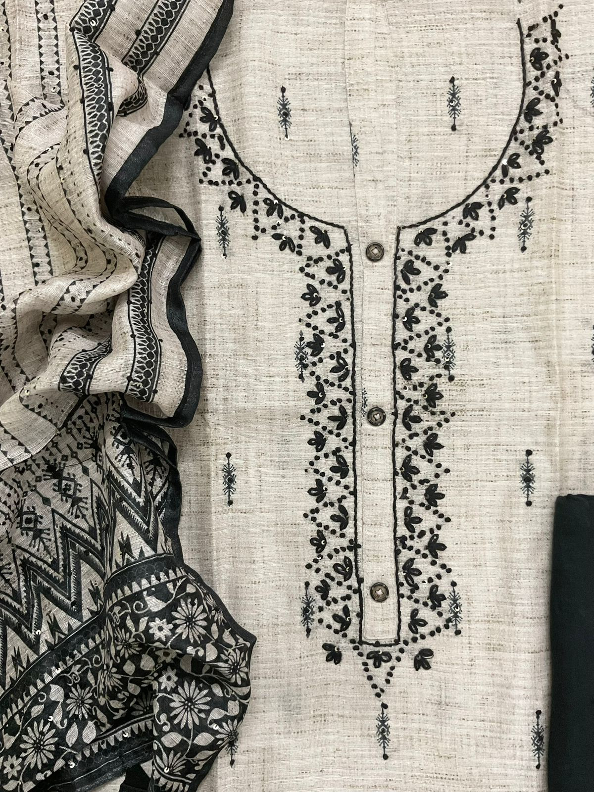 Soft Semi Raw Silk Printed Embroidered Suit - Beige