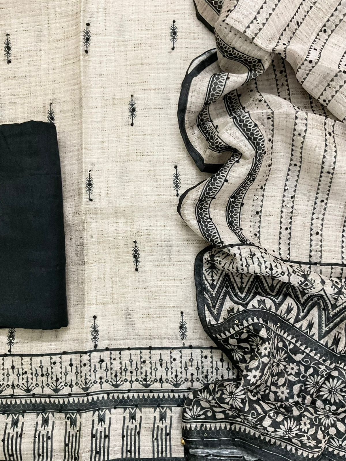 Soft Semi Raw Silk Printed Embroidered Suit - Beige