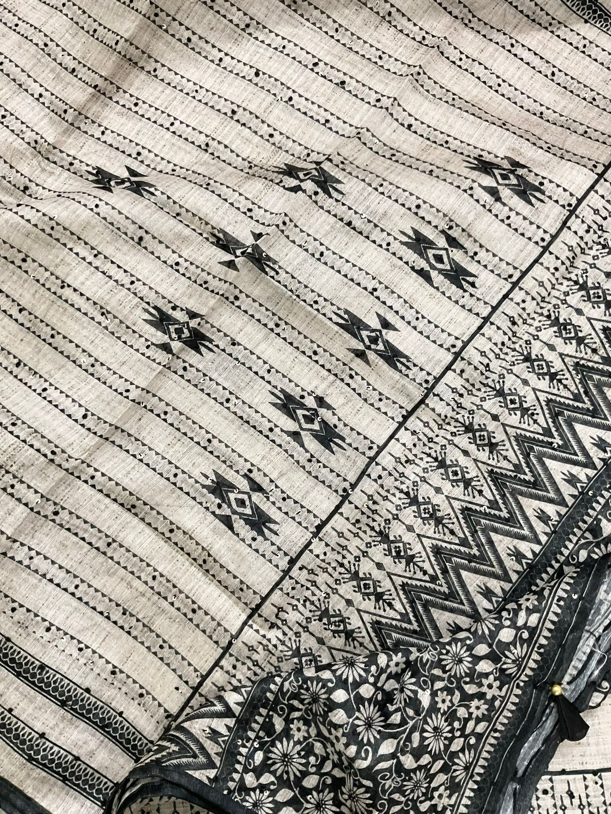 Soft Semi Raw Silk Printed Embroidered Suit - Beige