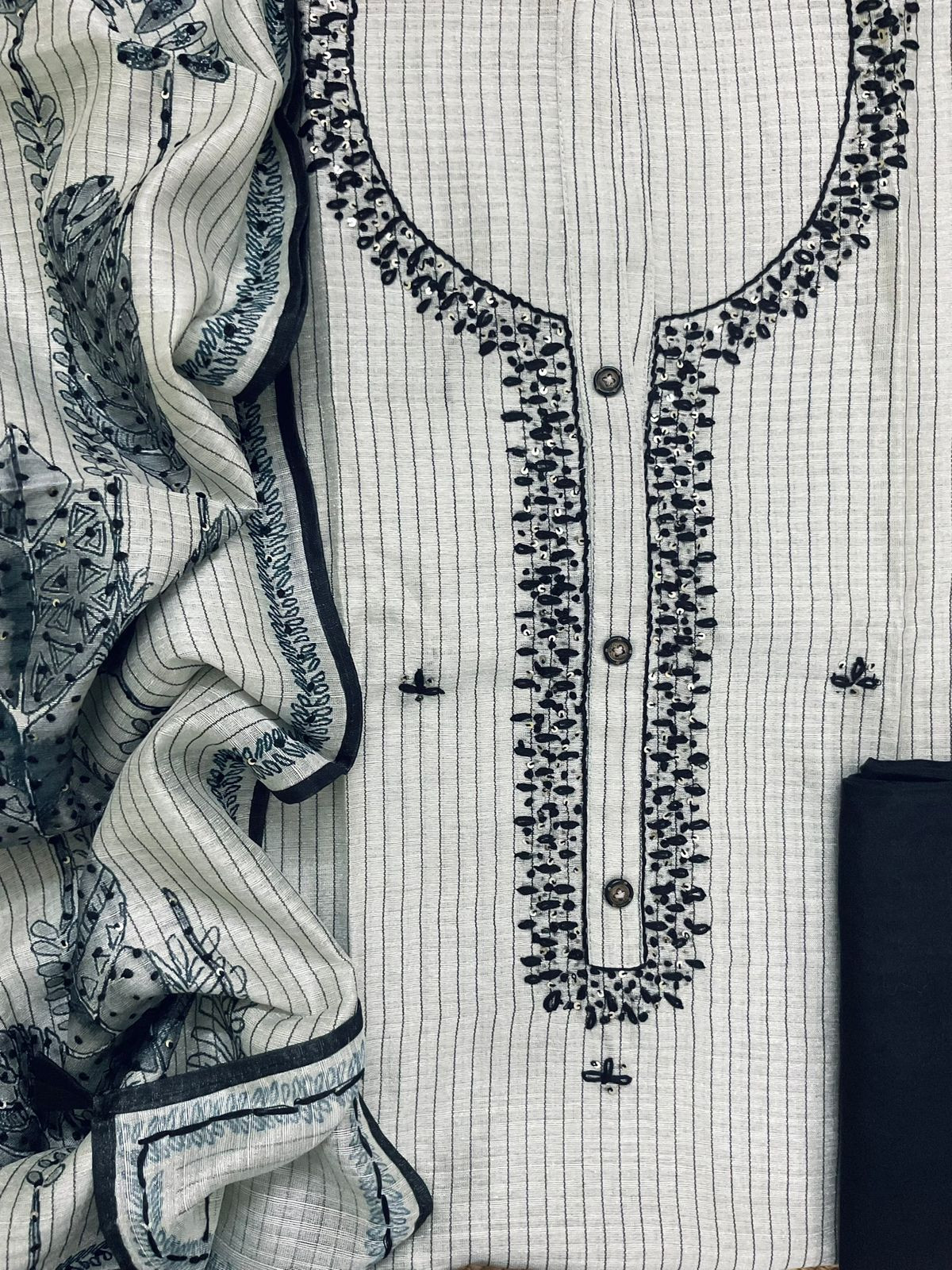 Soft Semi Raw Silk Printed Embroidered Suit - Beigish Grey