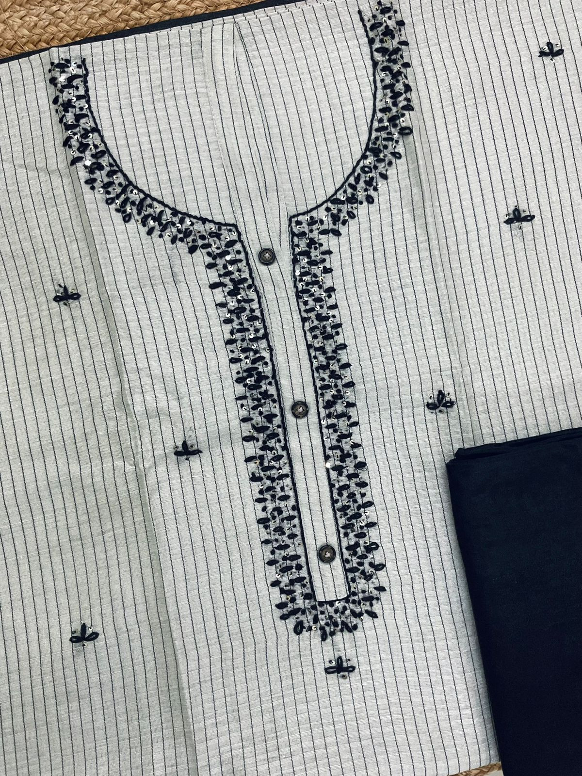 Soft Semi Raw Silk Printed Embroidered Suit - Beigish Grey