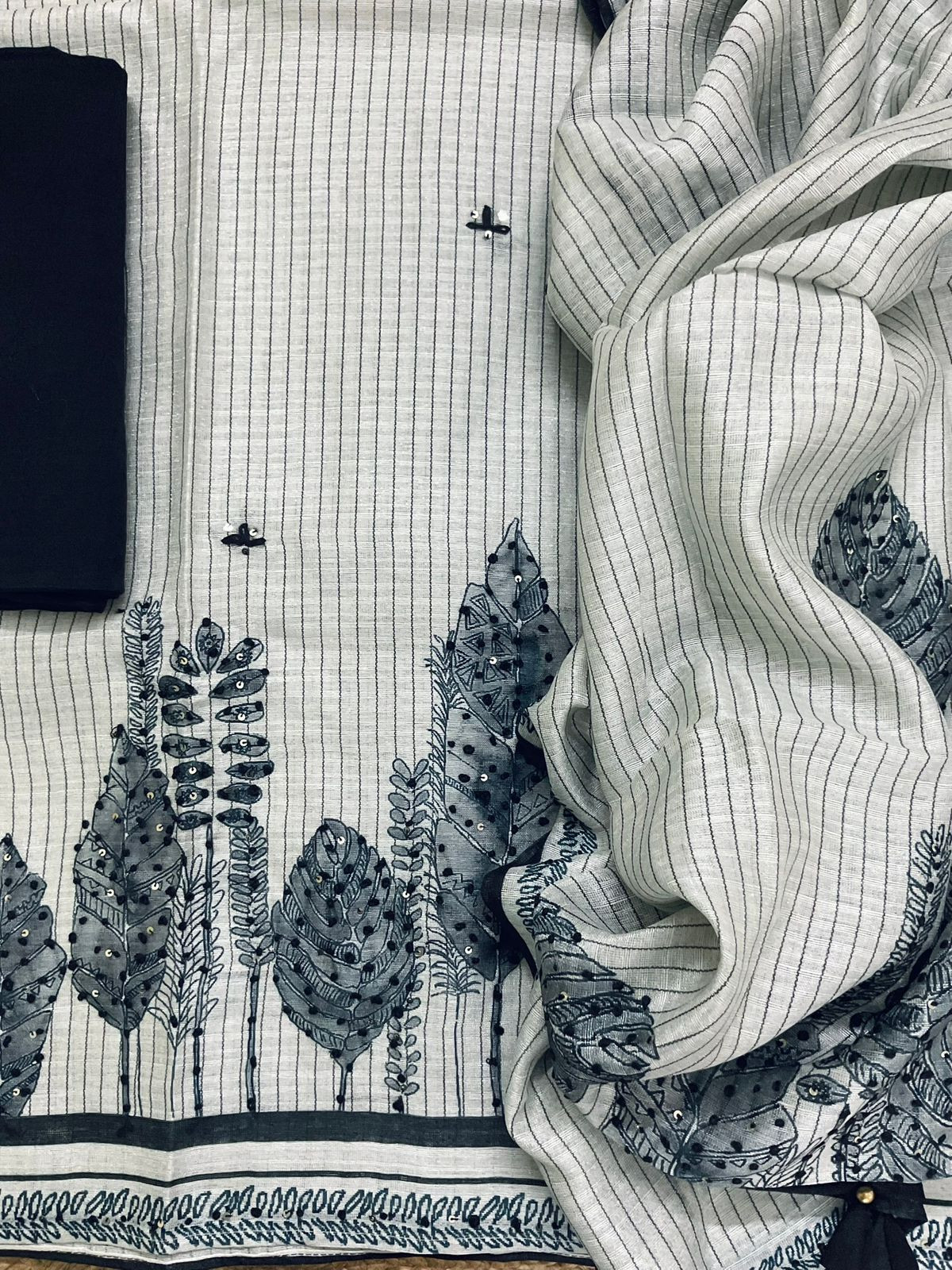 Soft Semi Raw Silk Printed Embroidered Suit - Beigish Grey