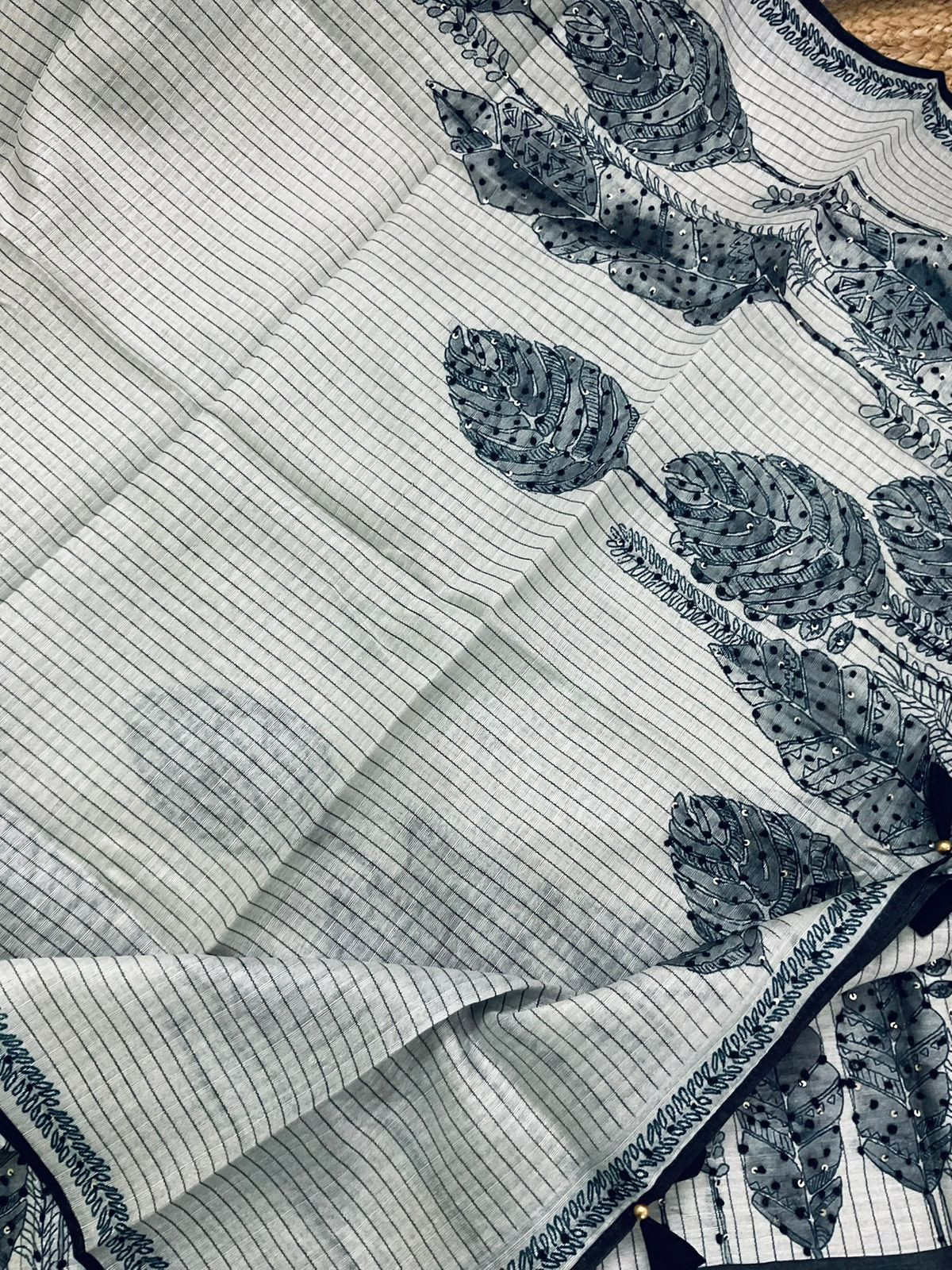 Soft Semi Raw Silk Printed Embroidered Suit - Beigish Grey