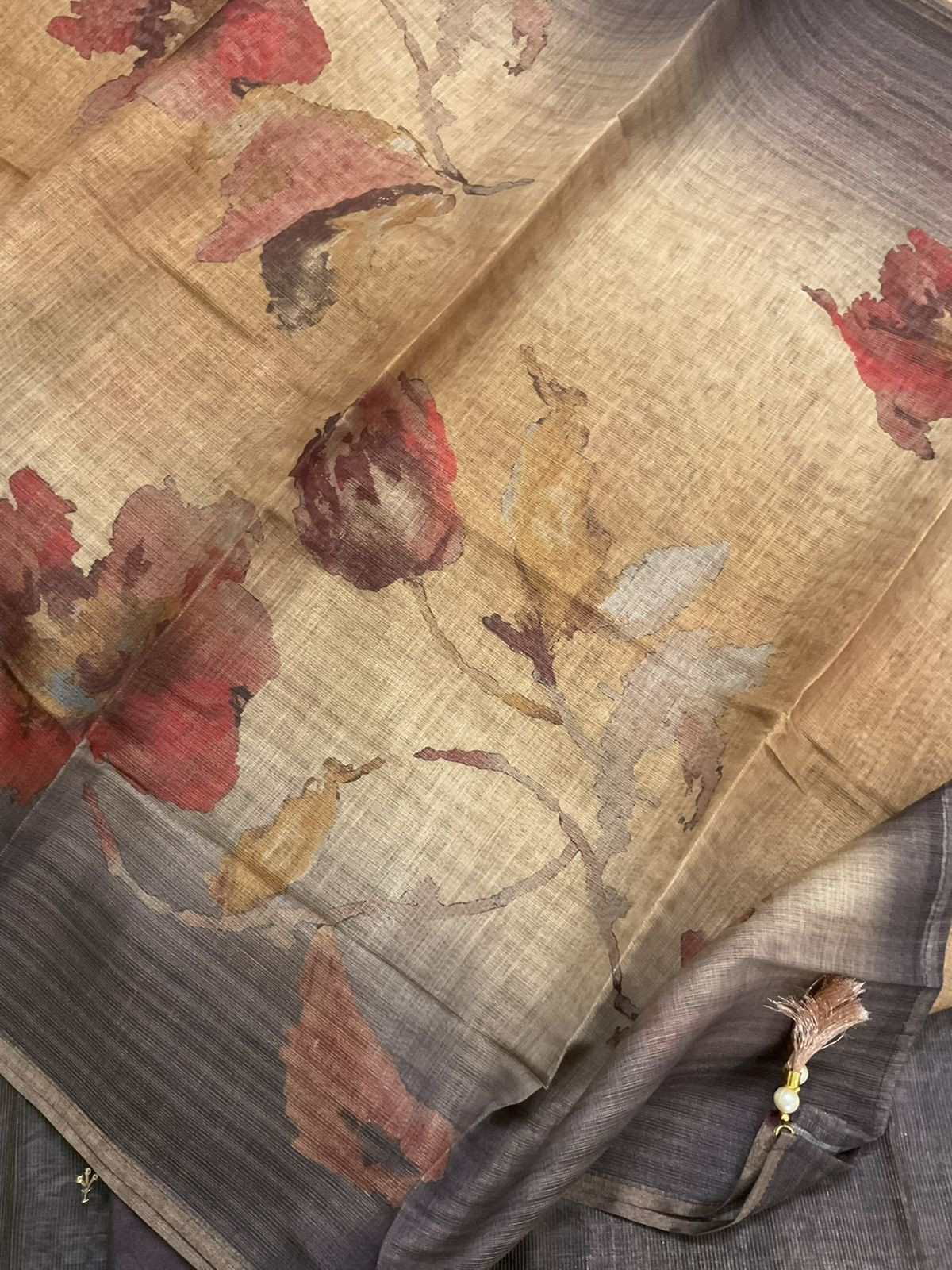 Soft Tissue Slub Cotton Printed Embroidered Suit - Dark Wine