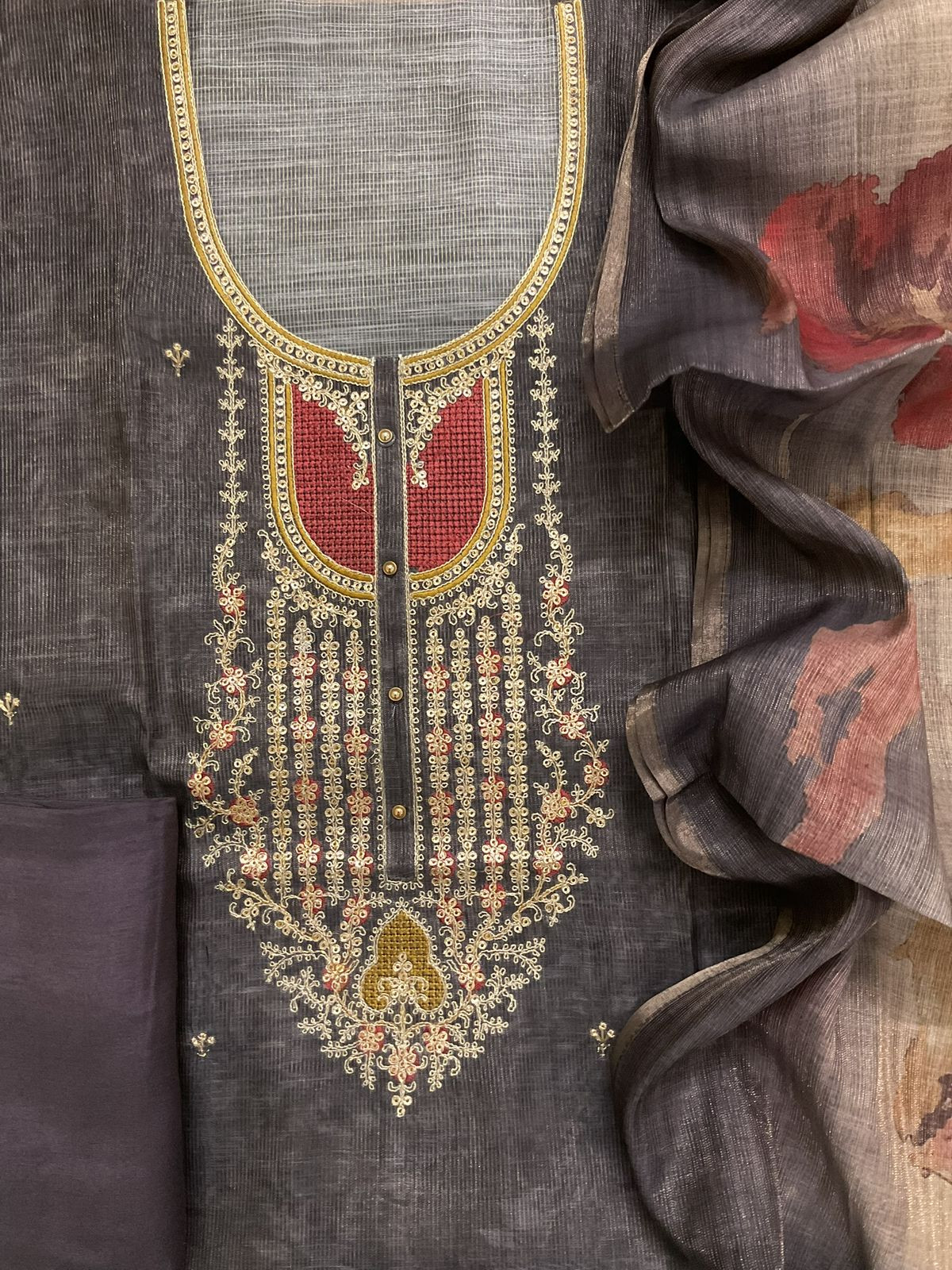 Soft Tissue Slub Cotton Printed Embroidered Suit - Dark Wine