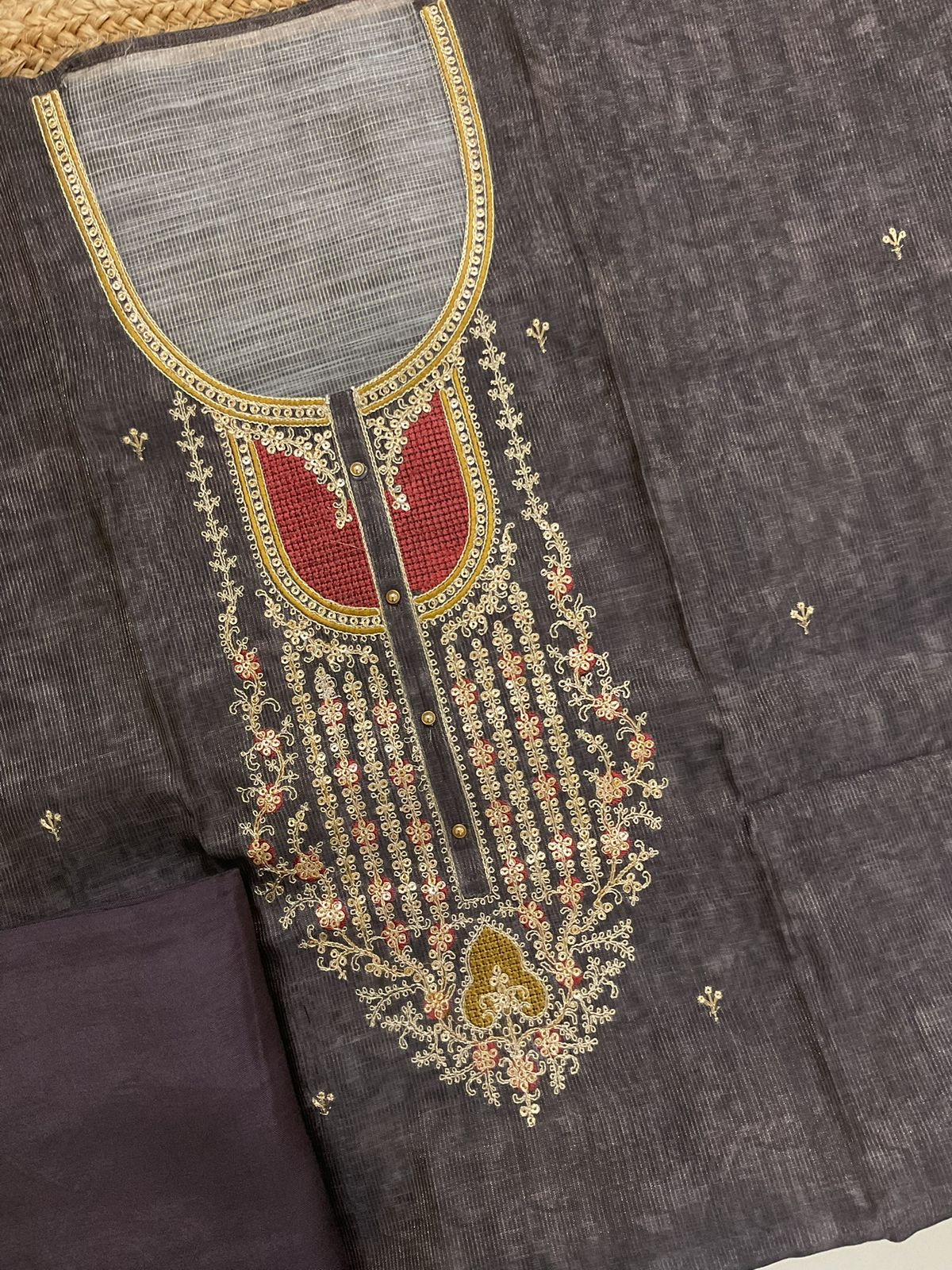 Soft Tissue Slub Cotton Printed Embroidered Suit - Dark Wine