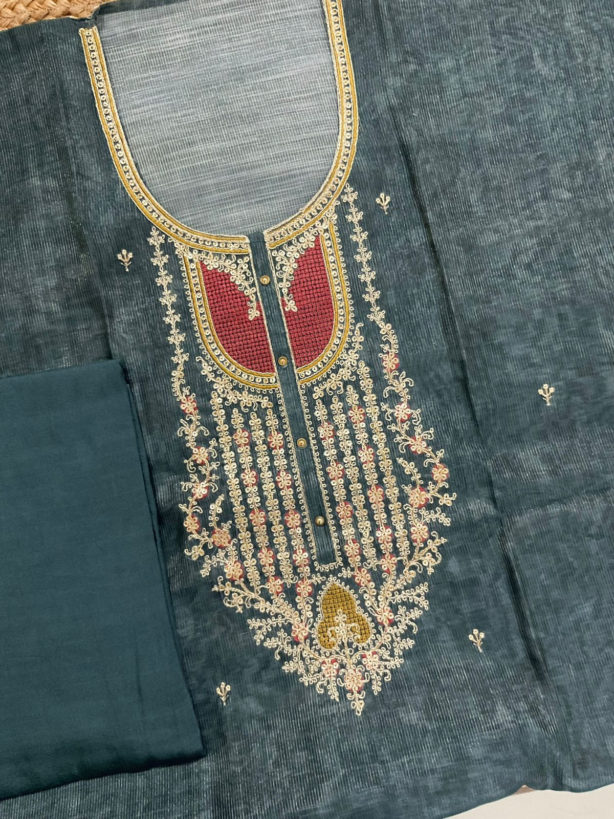 Soft Tissue Slub Cotton Printed Embroidered Suit - Blue