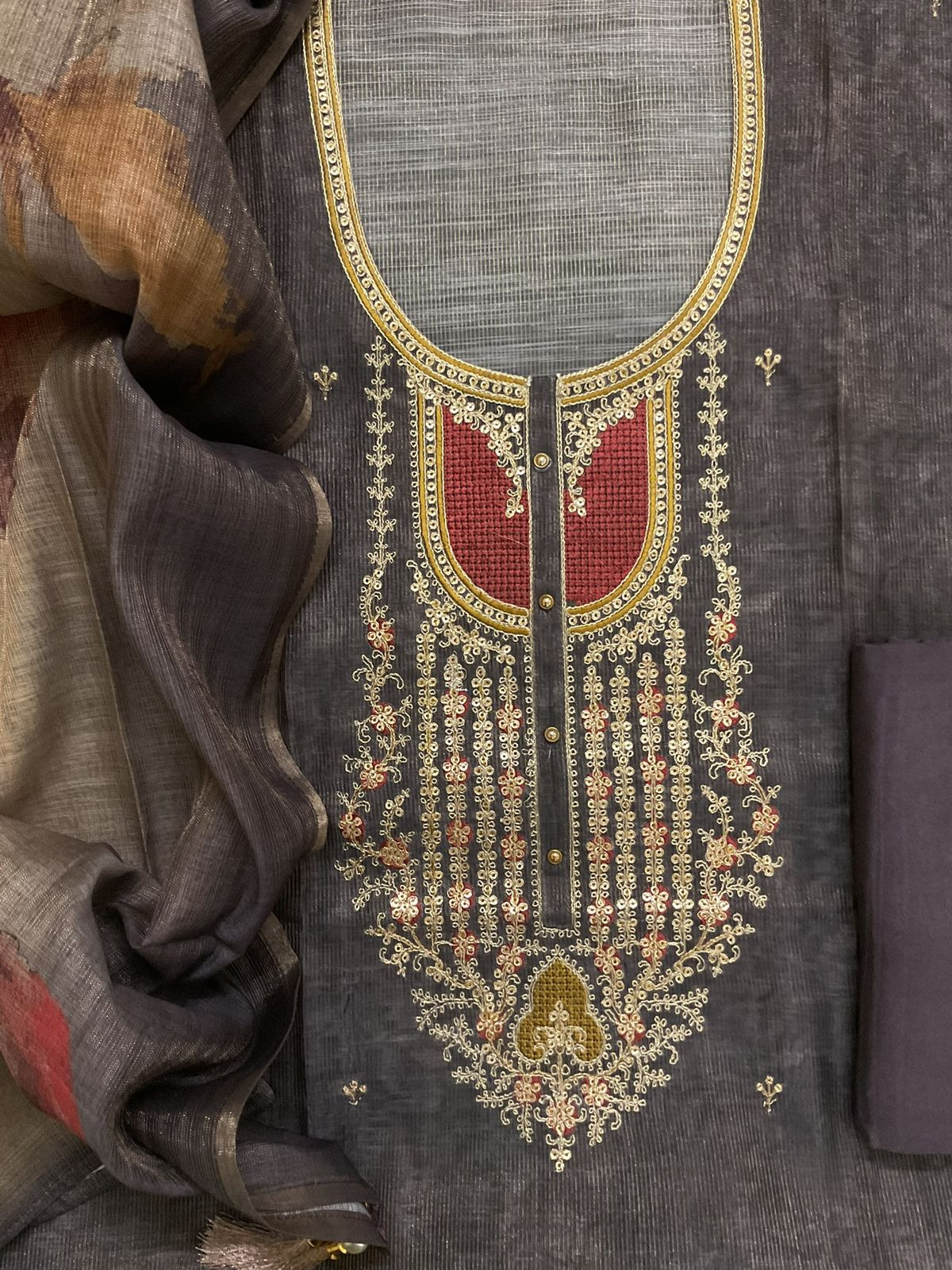 Soft Tissue Slub Cotton Printed Embroidered Suit - Dark Wine