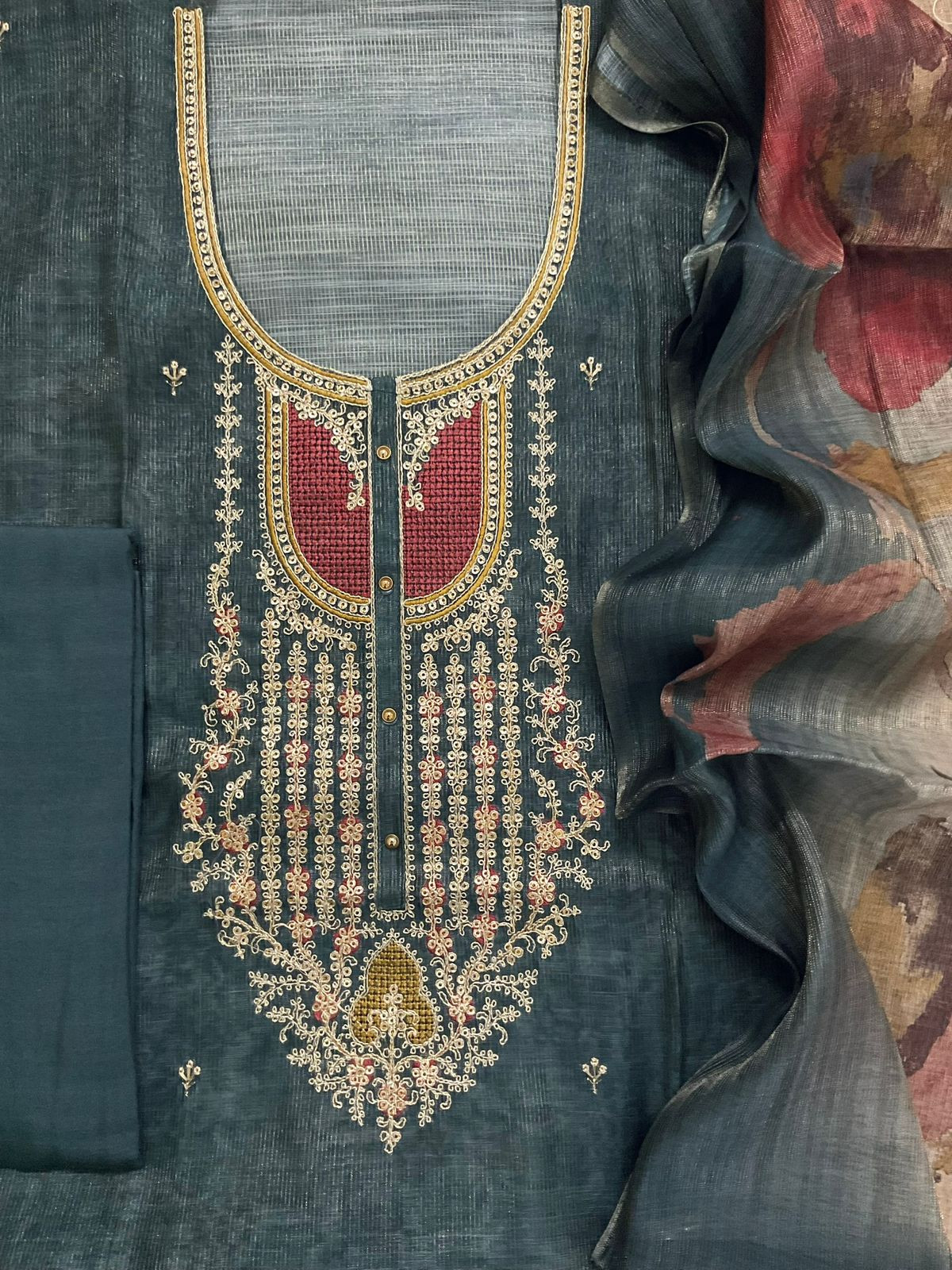 Soft Tissue Slub Cotton Printed Embroidered Suit - Blue