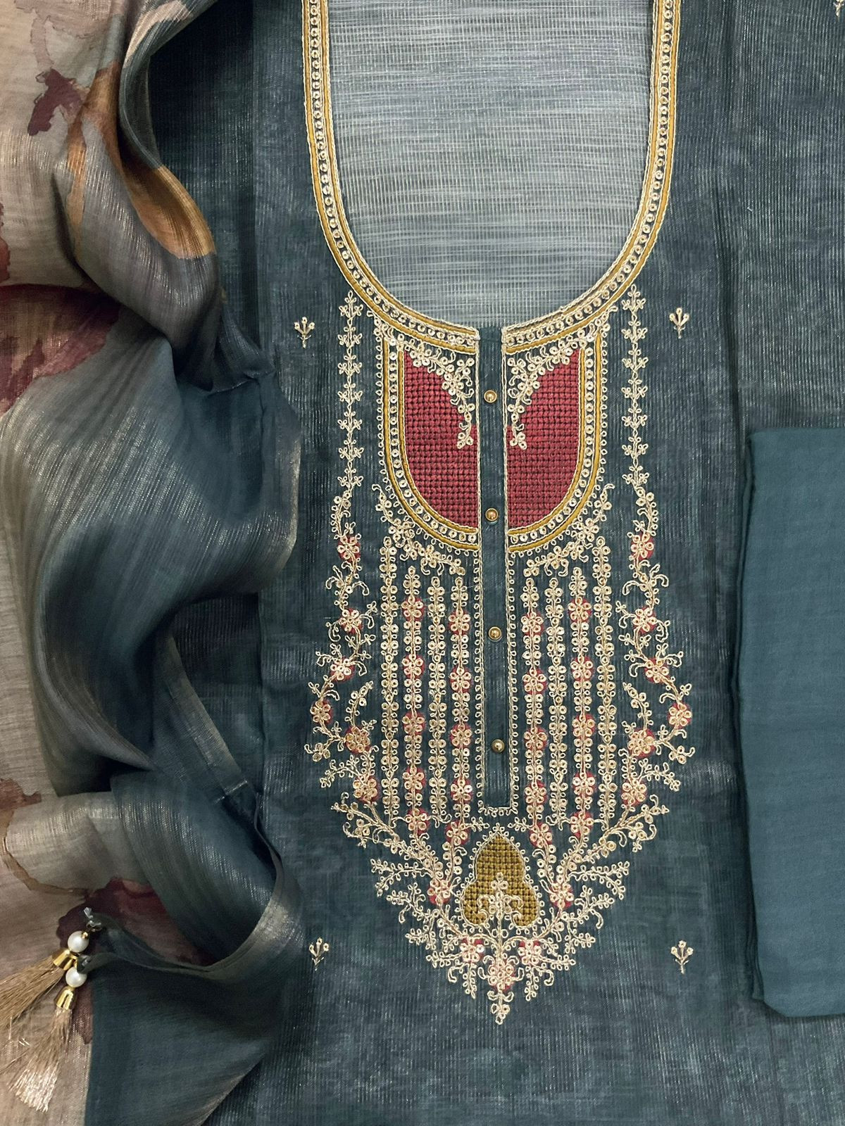 Soft Tissue Slub Cotton Printed Embroidered Suit - Blue