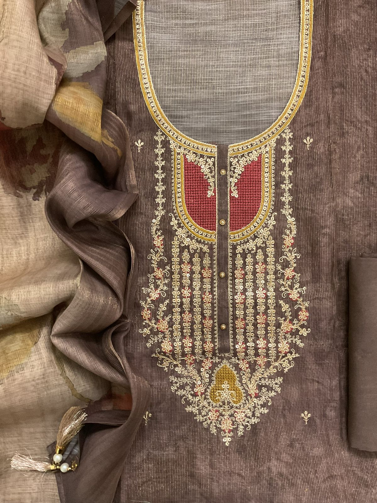 Soft Tissue Slub Cotton Printed Embroidered Suit - Brown