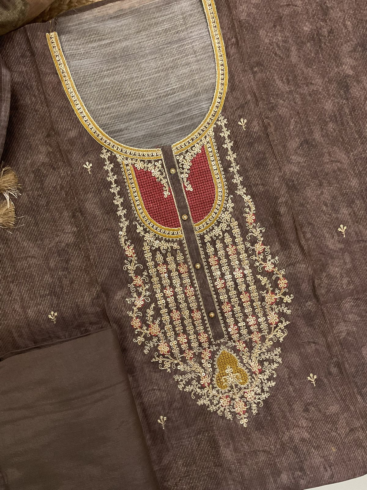 Soft Tissue Slub Cotton Printed Embroidered Suit - Brown