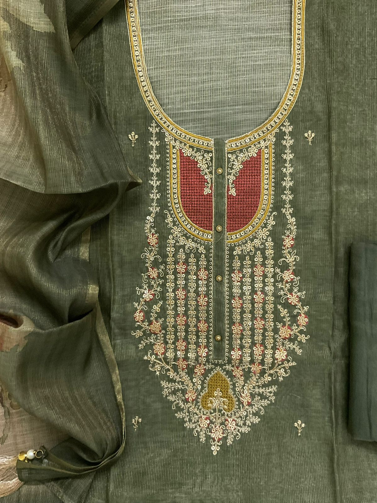 Soft Tissue Slub Cotton Printed Embroidered Suit - Green