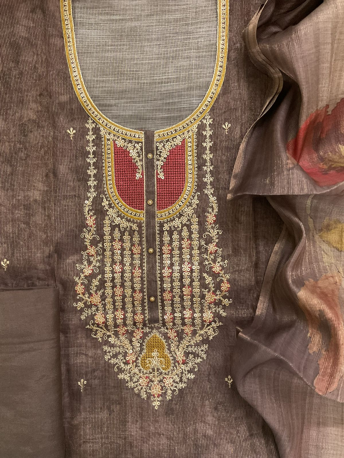 Soft Tissue Slub Cotton Printed Embroidered Suit - Brown