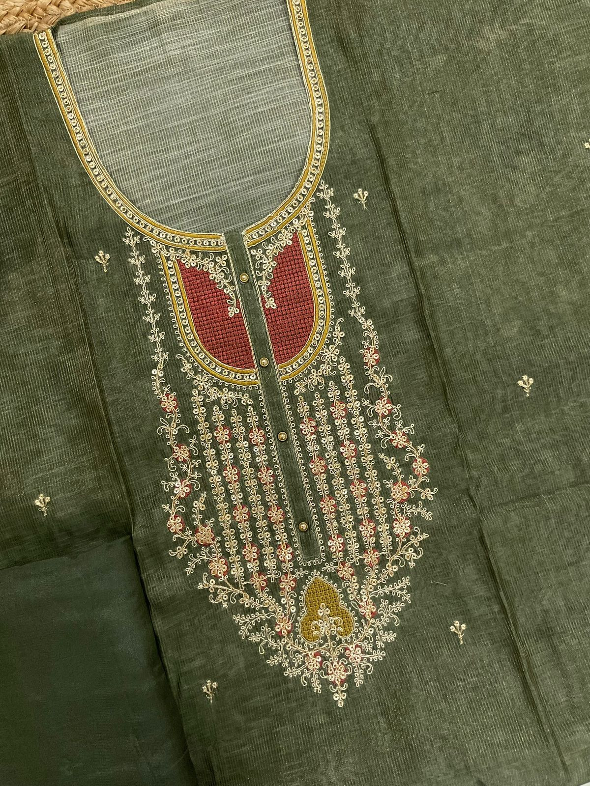 Soft Tissue Slub Cotton Printed Embroidered Suit - Green