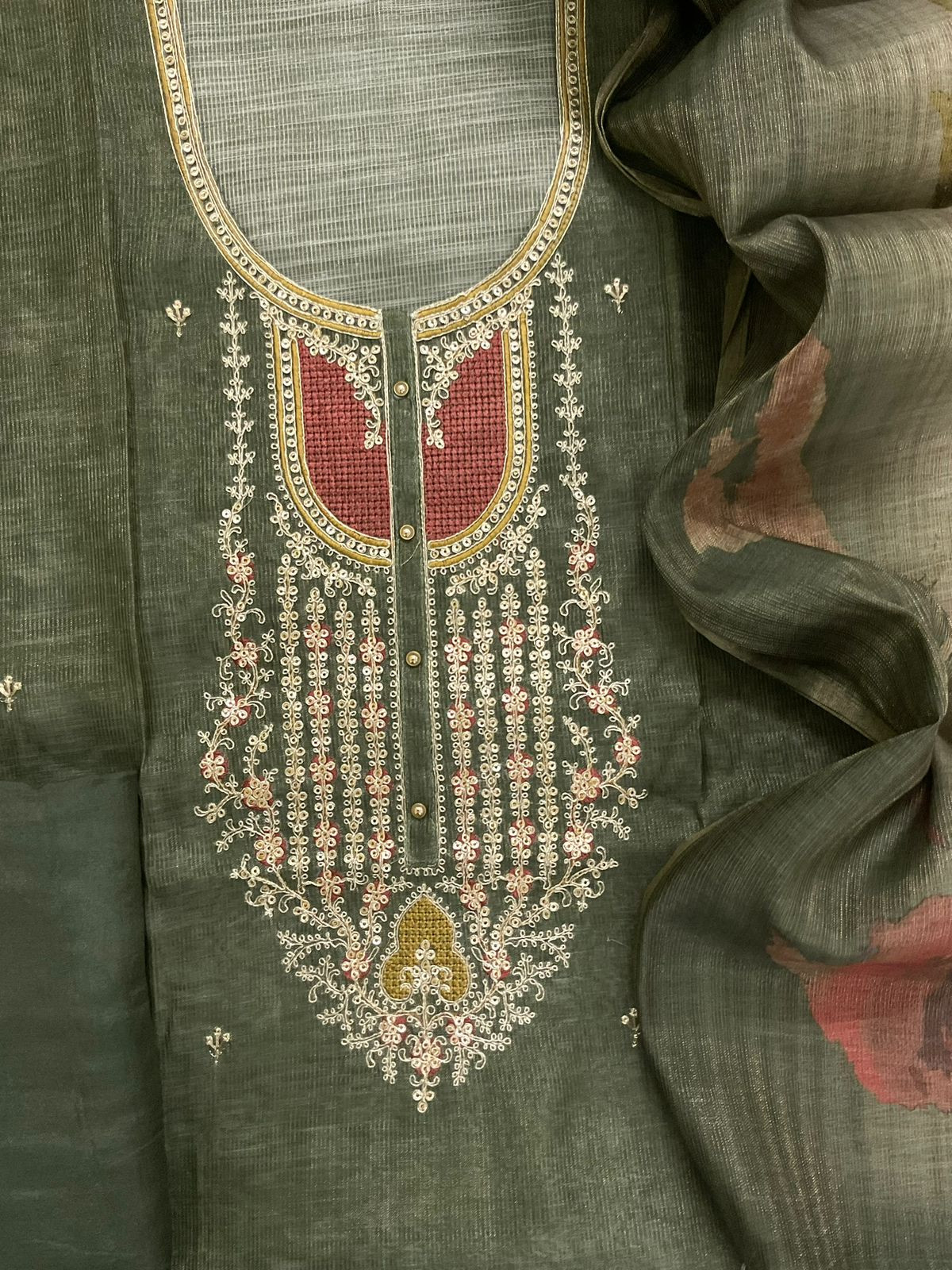 Soft Tissue Slub Cotton Printed Embroidered Suit - Green