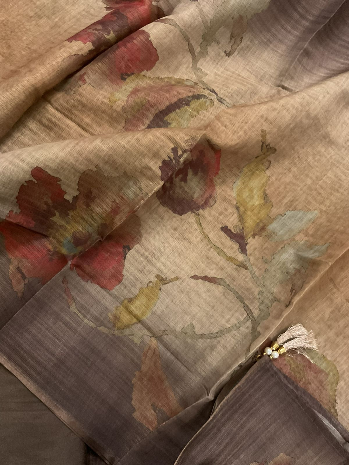 Soft Tissue Slub Cotton Printed Embroidered Suit - Brown