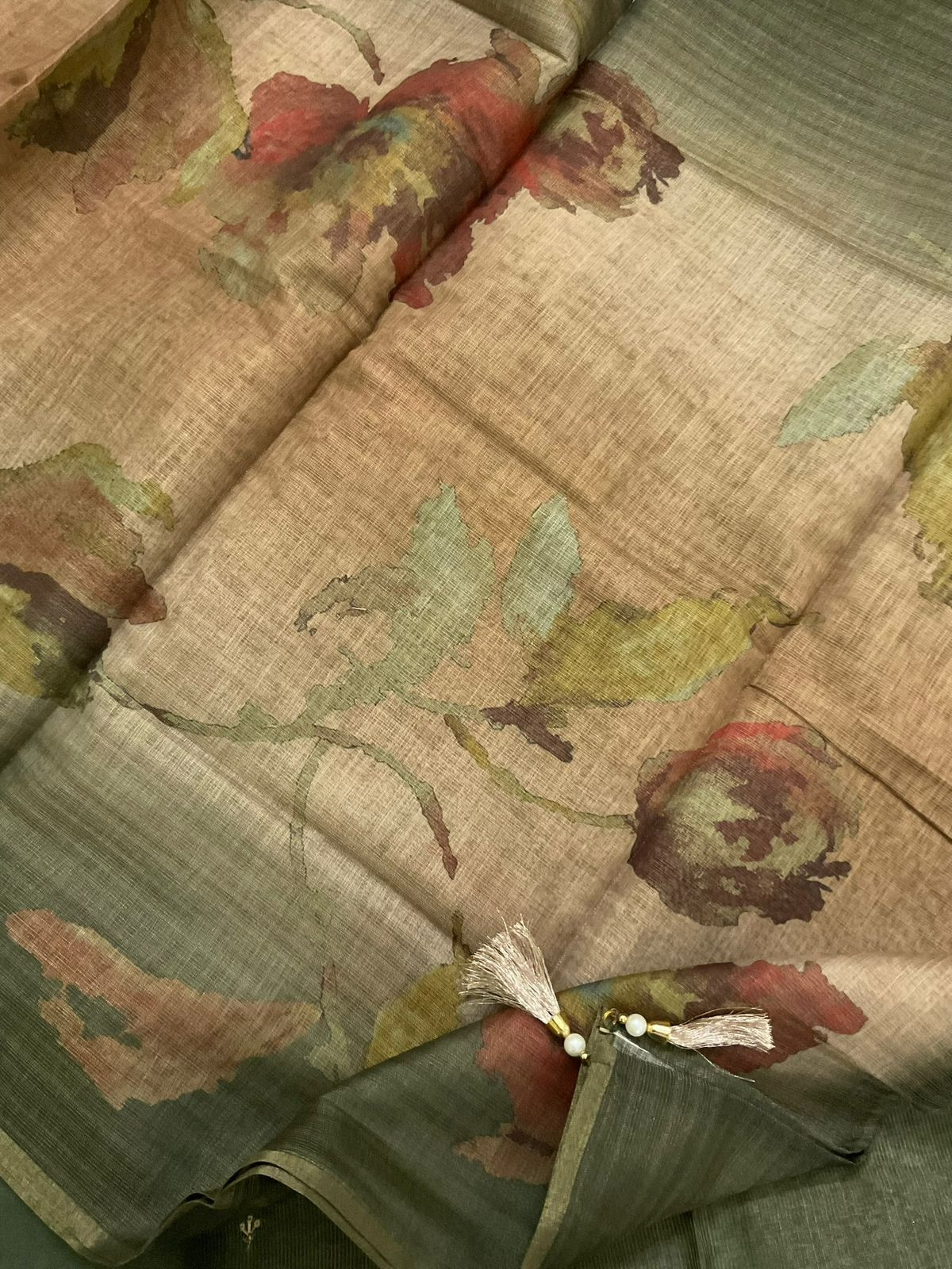 Soft Tissue Slub Cotton Printed Embroidered Suit - Green