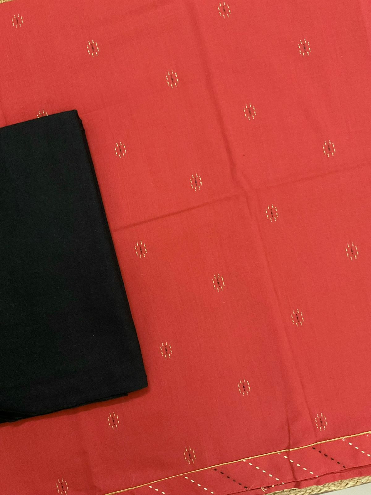 Pure Handloom Cotton Self Weaved Embroidered Border Suit - Orangish Red