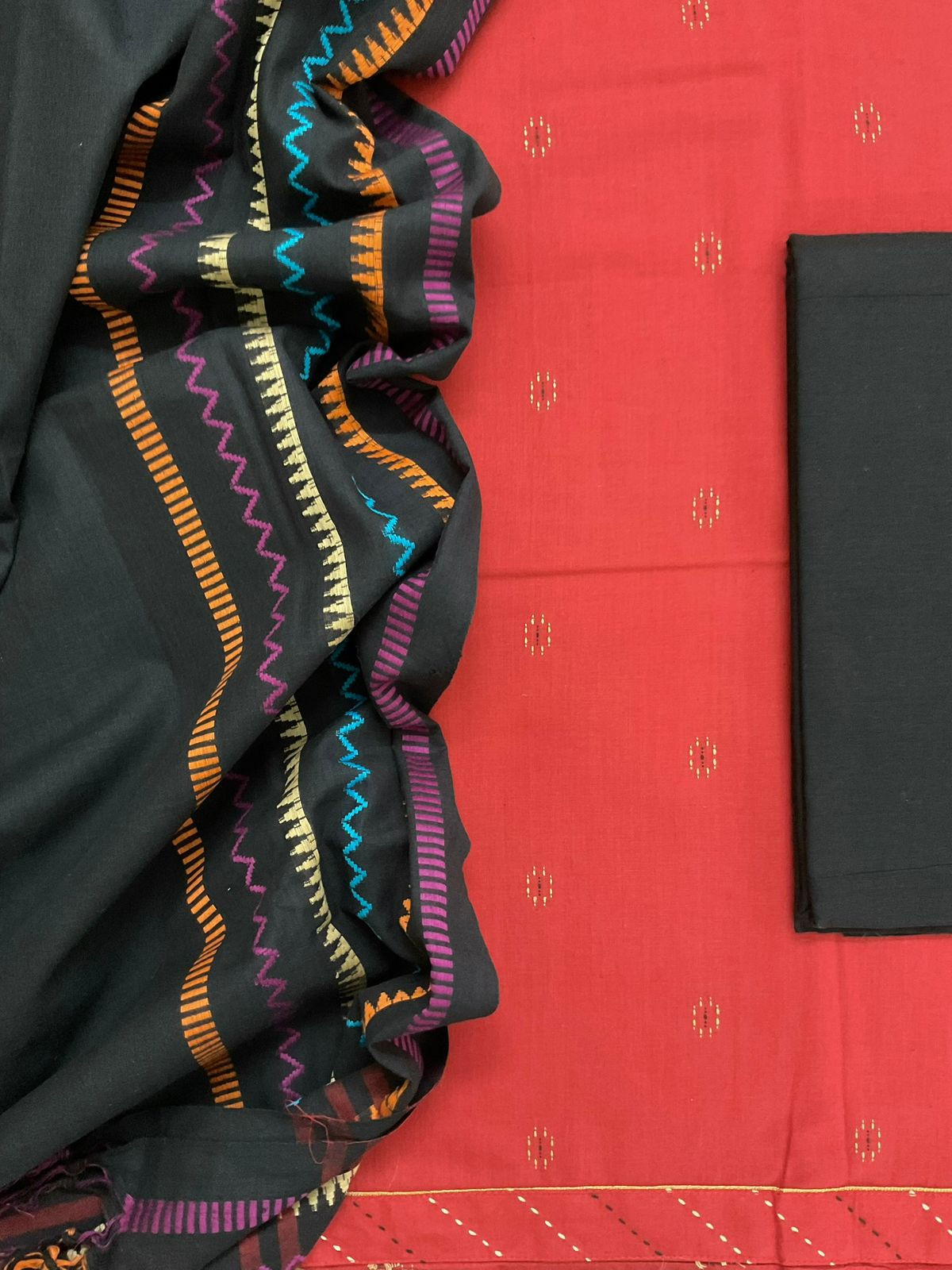 Pure Handloom Cotton Self Weaved Embroidered Border Suit - Orangish Red