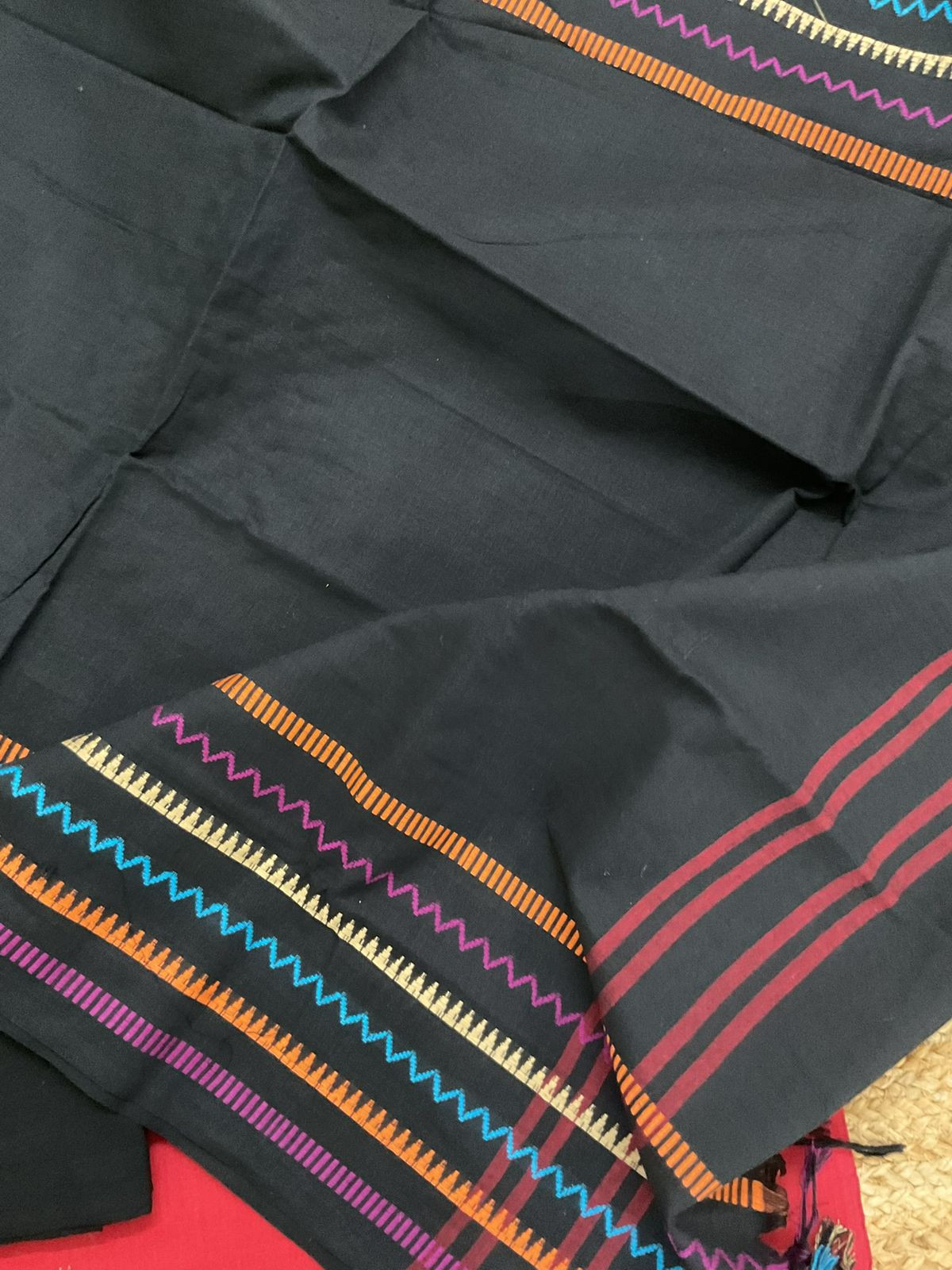 Pure Handloom Cotton Self Weaved Embroidered Border Suit - Orangish Red