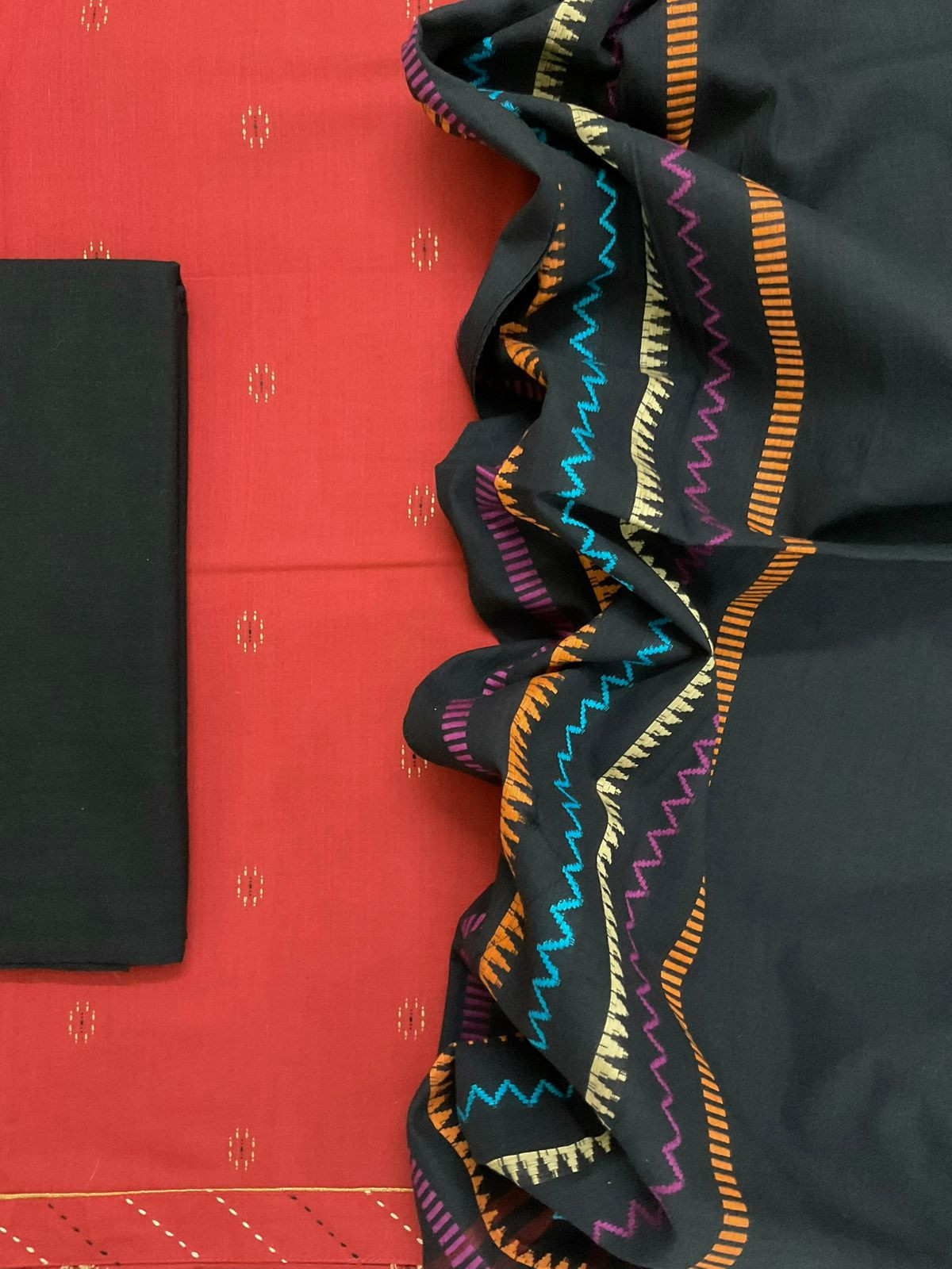 Pure Handloom Cotton Self Weaved Embroidered Border Suit - Orangish Red