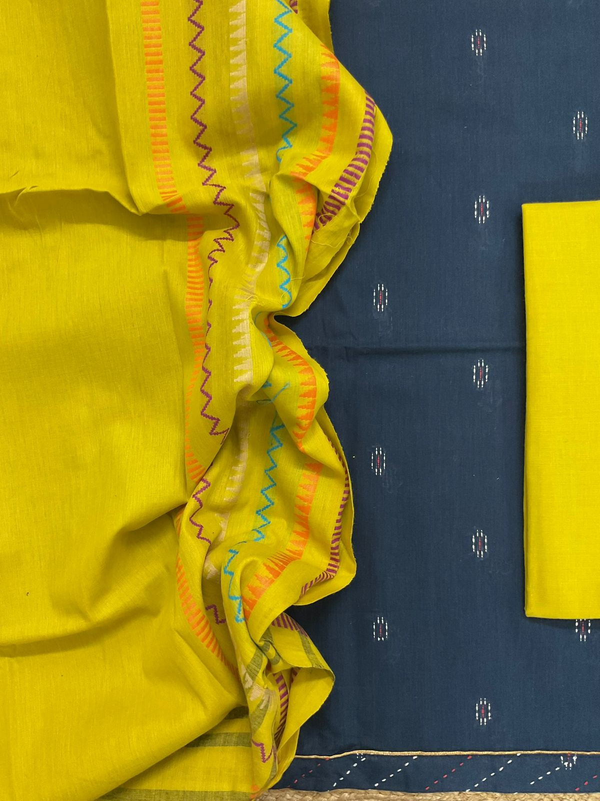 Pure Handloom Cotton Self Weaved Embroidered Border Suit - Blue