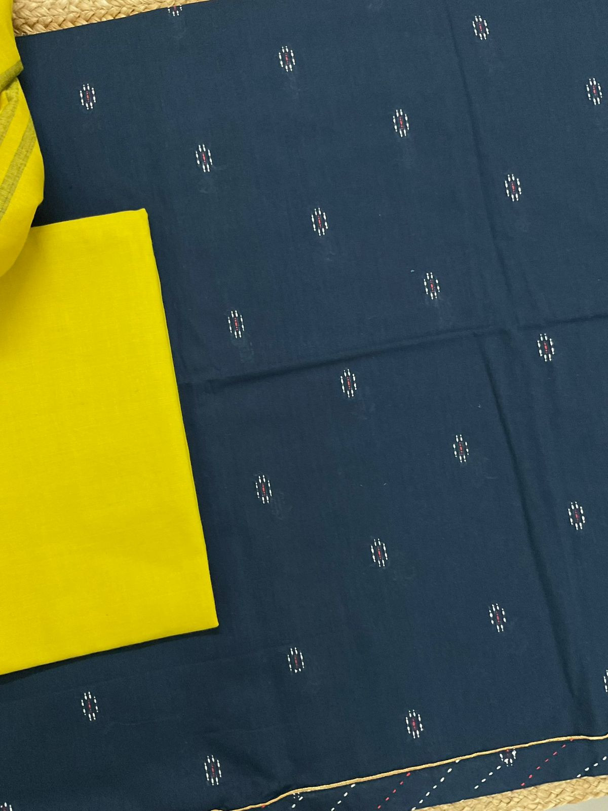 Pure Handloom Cotton Self Weaved Embroidered Border Suit - Blue