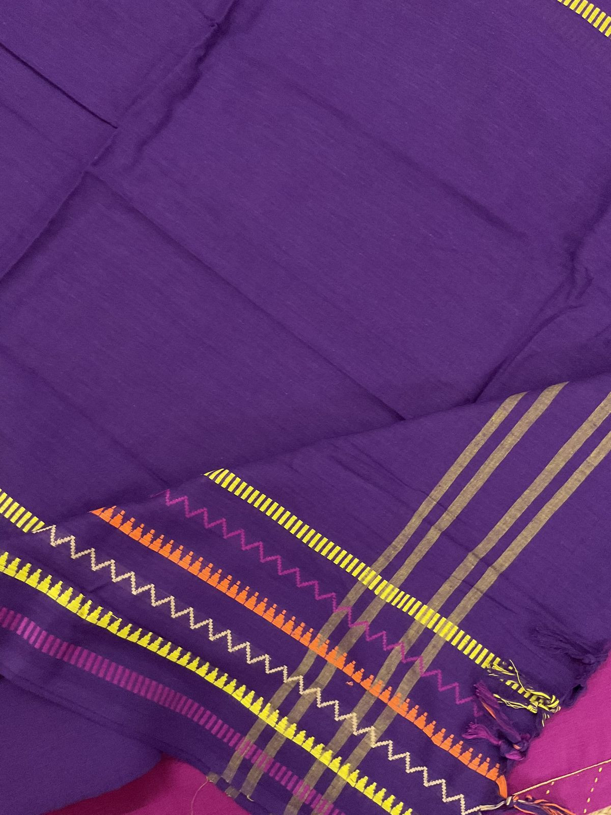 Pure Handloom Cotton Self Weaved Embroidered Border Suit - Dark Pink