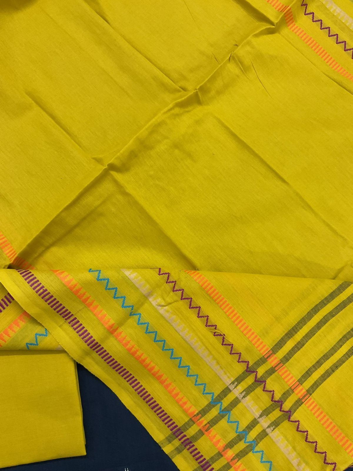 Pure Handloom Cotton Self Weaved Embroidered Border Suit - Blue