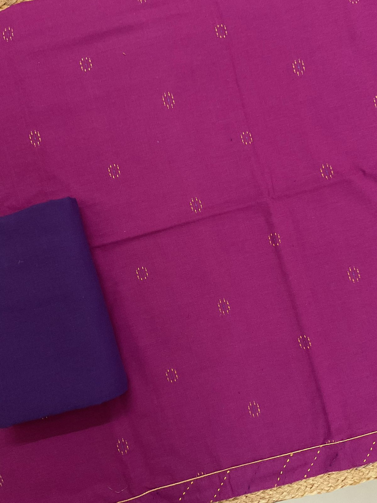 Pure Handloom Cotton Self Weaved Embroidered Border Suit - Dark Pink