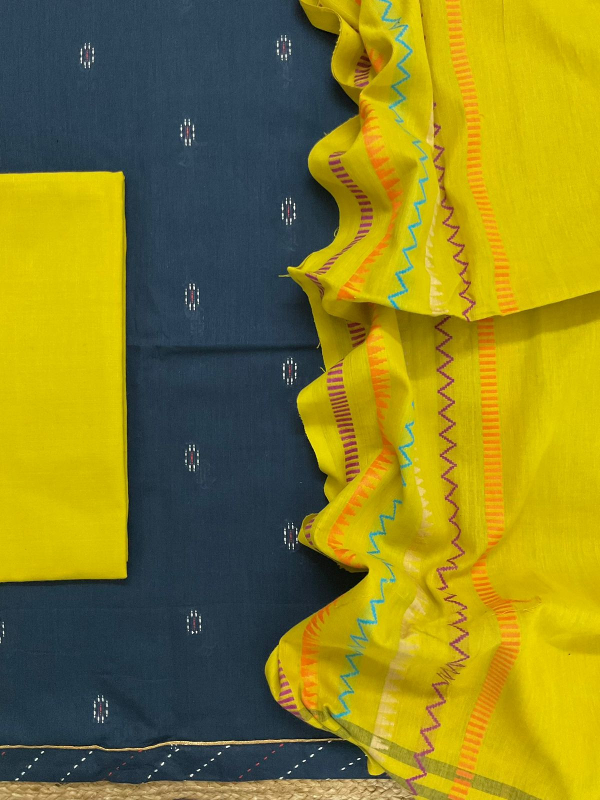 Pure Handloom Cotton Self Weaved Embroidered Border Suit - Blue