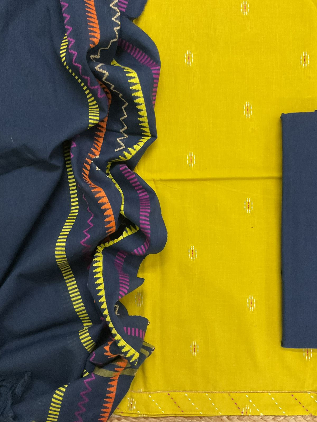 Pure Handloom Cotton Self Weaved Embroidered Border Suit - Yellow