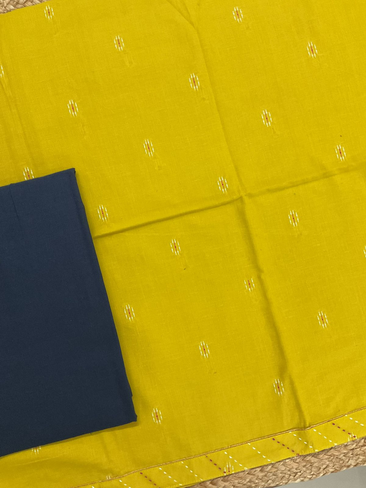 Pure Handloom Cotton Self Weaved Embroidered Border Suit - Yellow