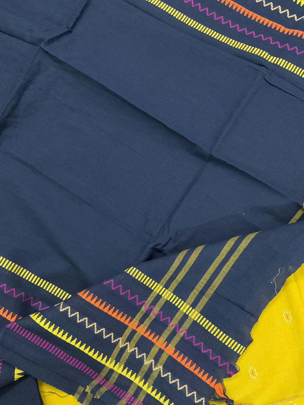 Pure Handloom Cotton Self Weaved Embroidered Border Suit - Yellow