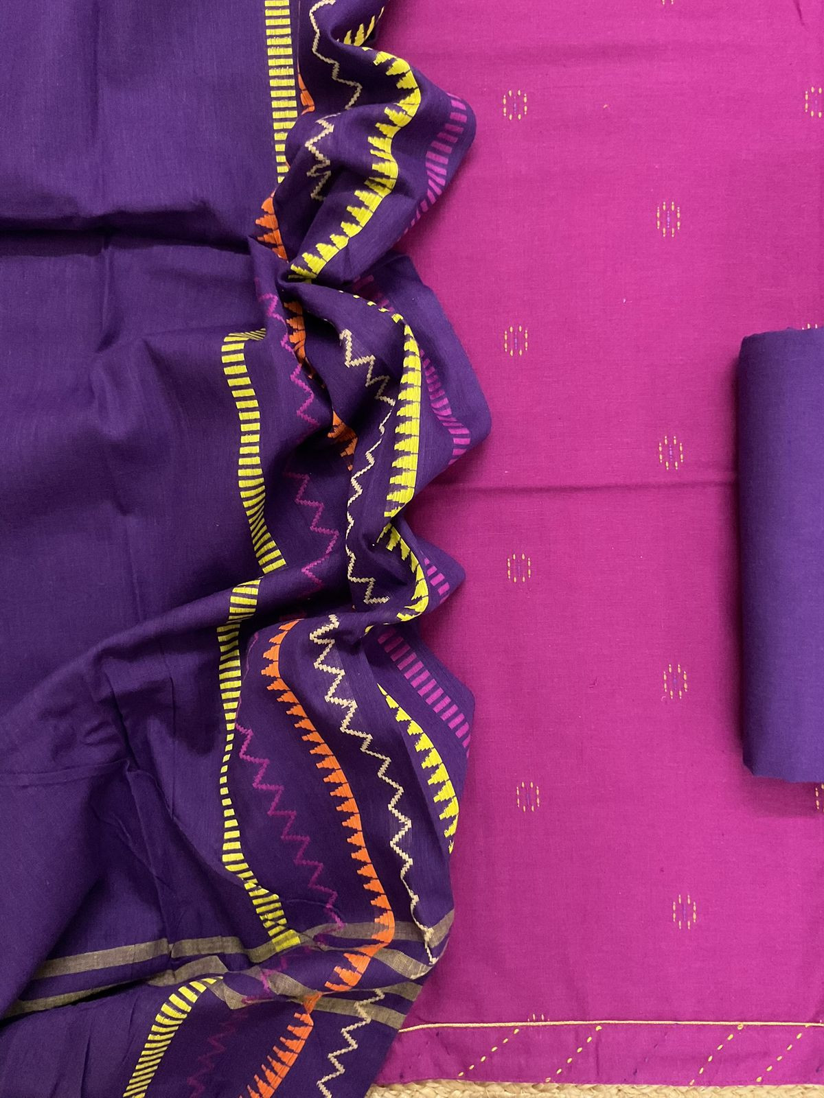 Pure Handloom Cotton Self Weaved Embroidered Border Suit - Dark Pink