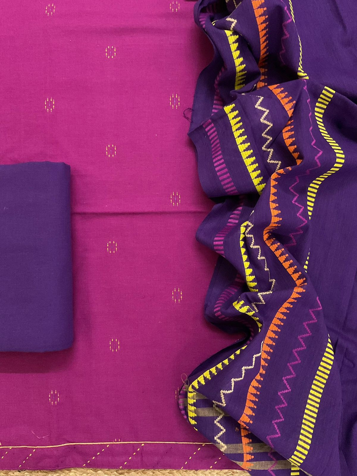 Pure Handloom Cotton Self Weaved Embroidered Border Suit - Dark Pink