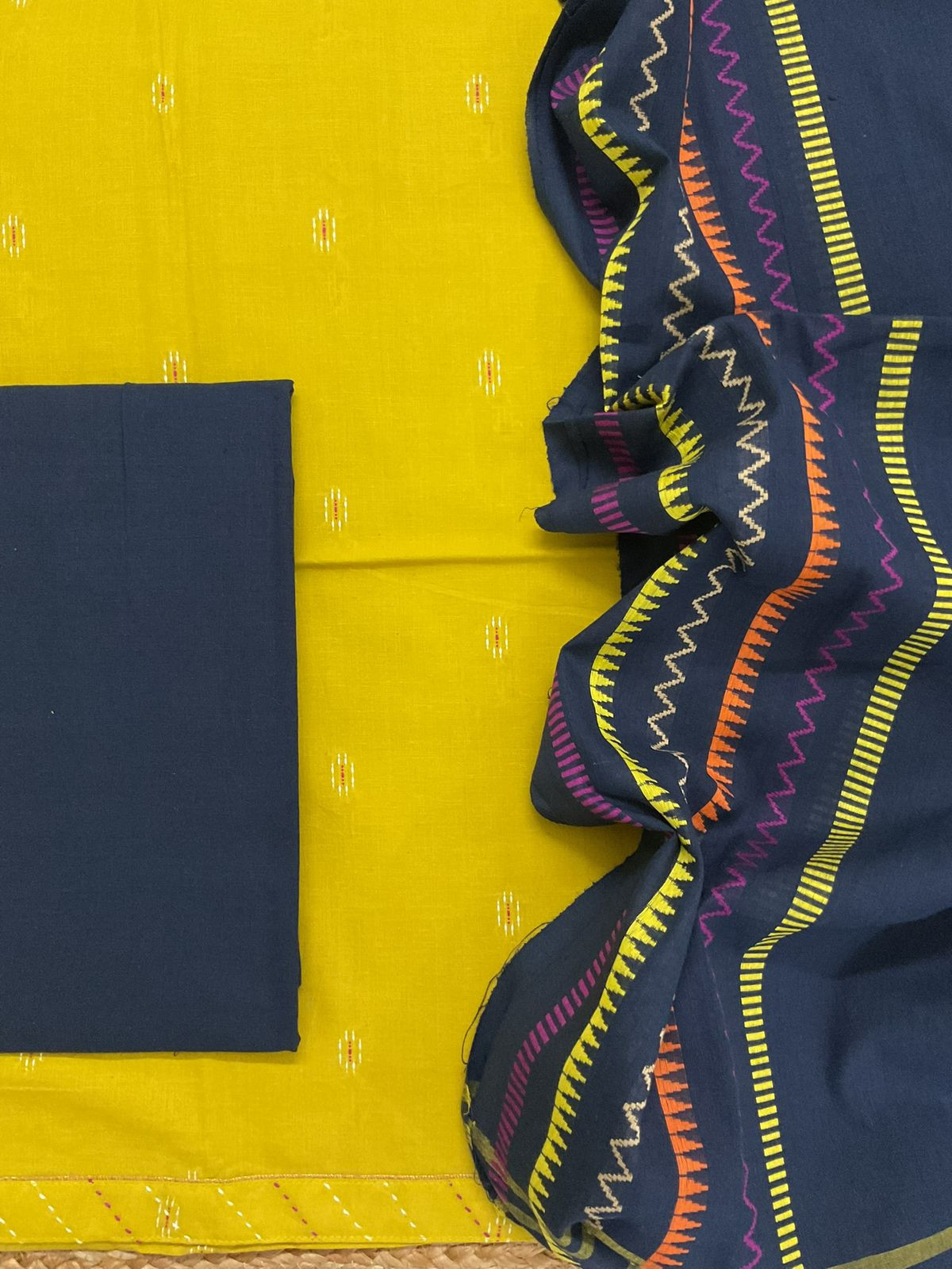 Pure Handloom Cotton Self Weaved Embroidered Border Suit - Yellow