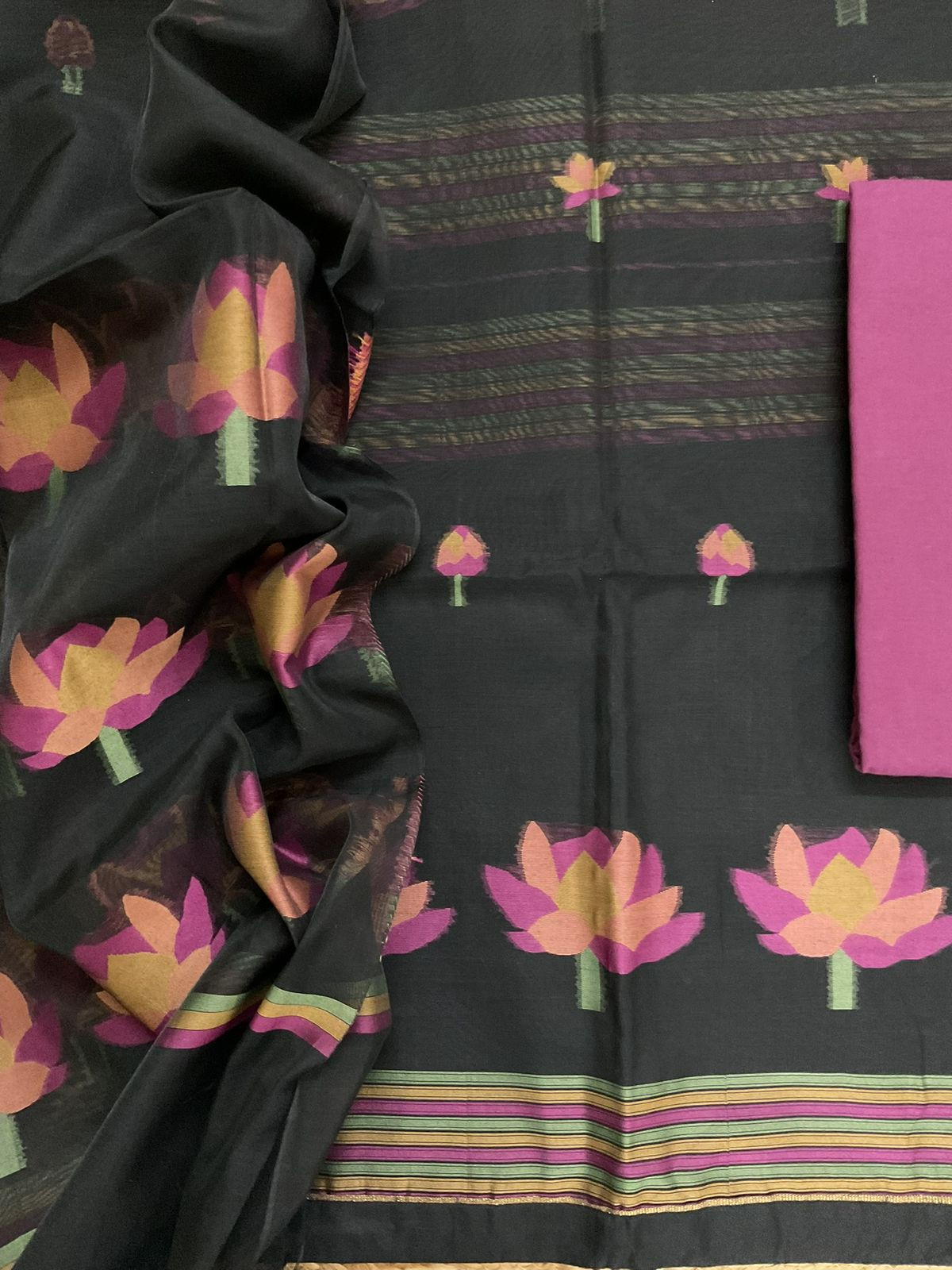 Soft Kora Chanderi Jamdani Weaved Suit - Black