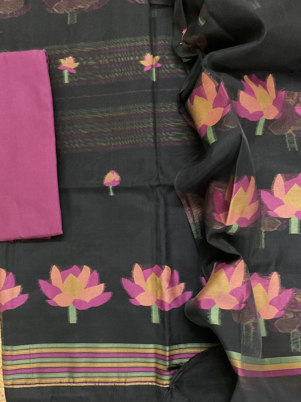 Soft Kora Chanderi Jamdani Weaved Suit - Black