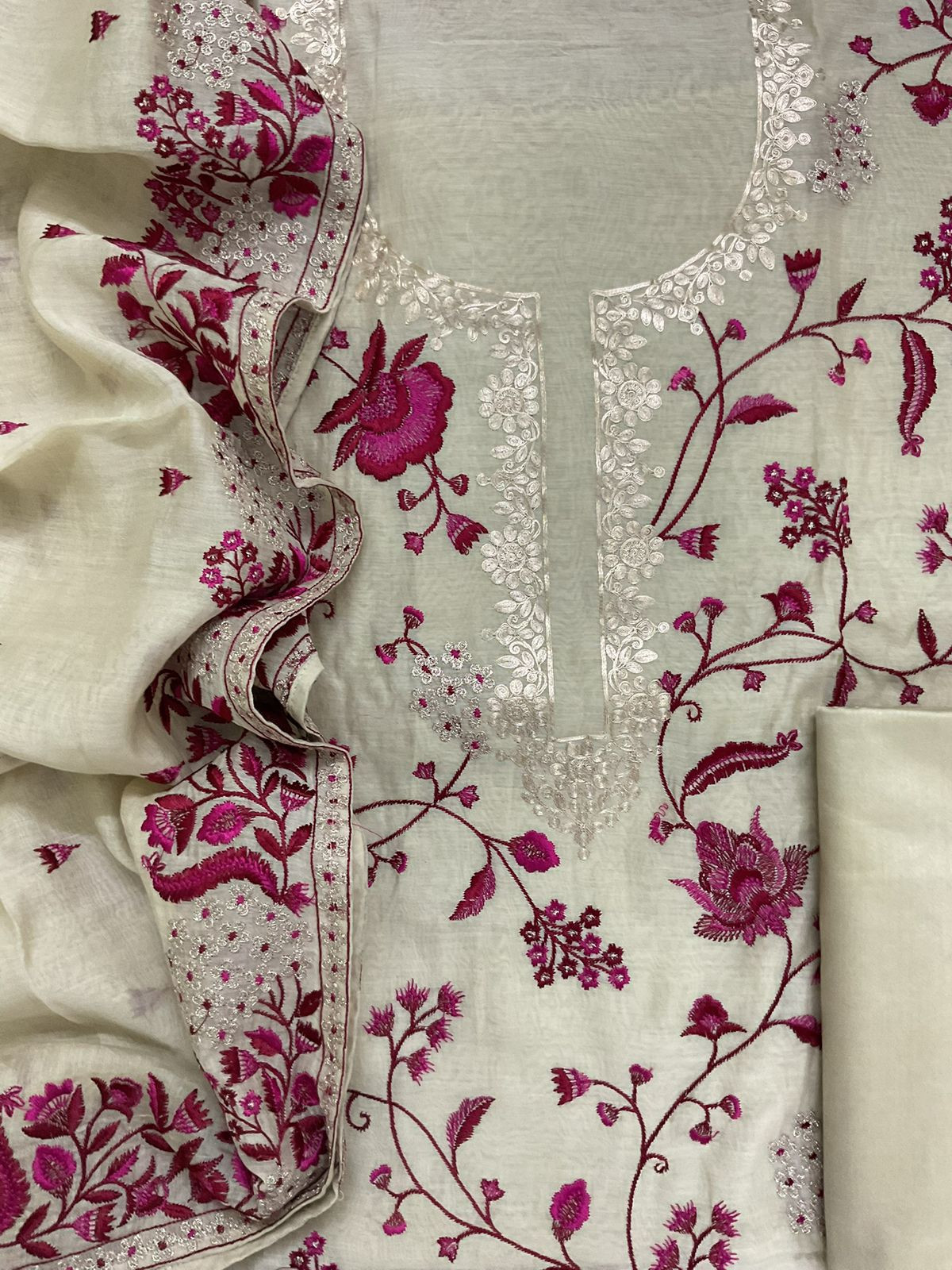 Pure Mul Chanderi Embroidered Suit - Beige