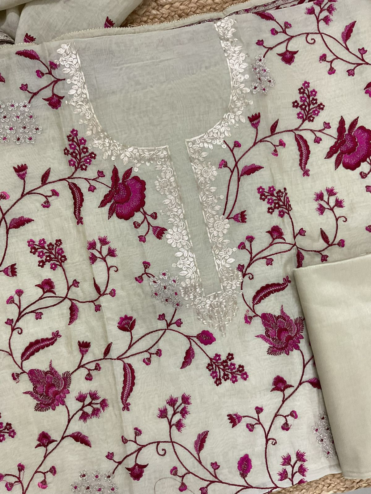 Pure Mul Chanderi Embroidered Suit - Beige