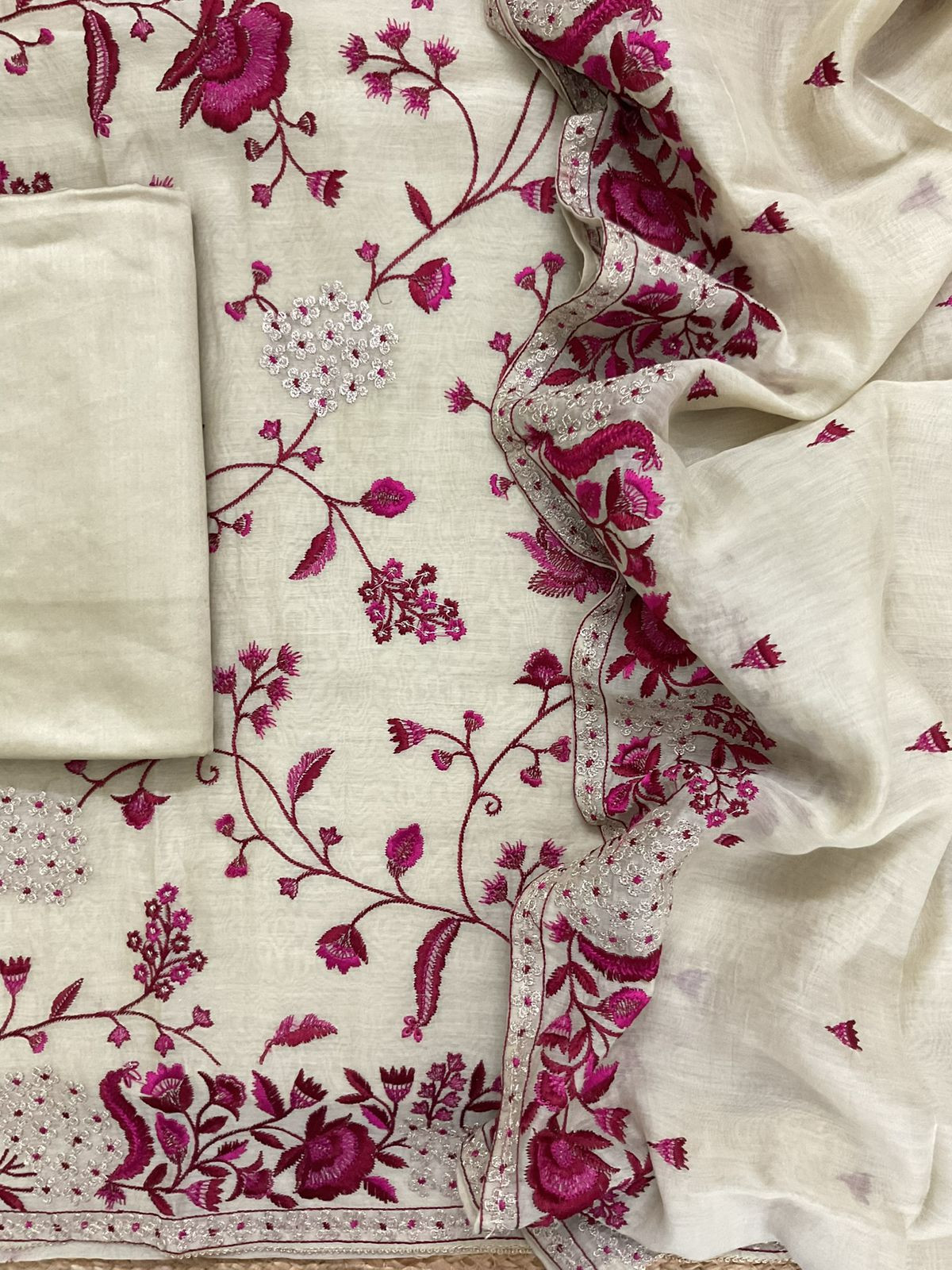 Pure Mul Chanderi Embroidered Suit - Beige