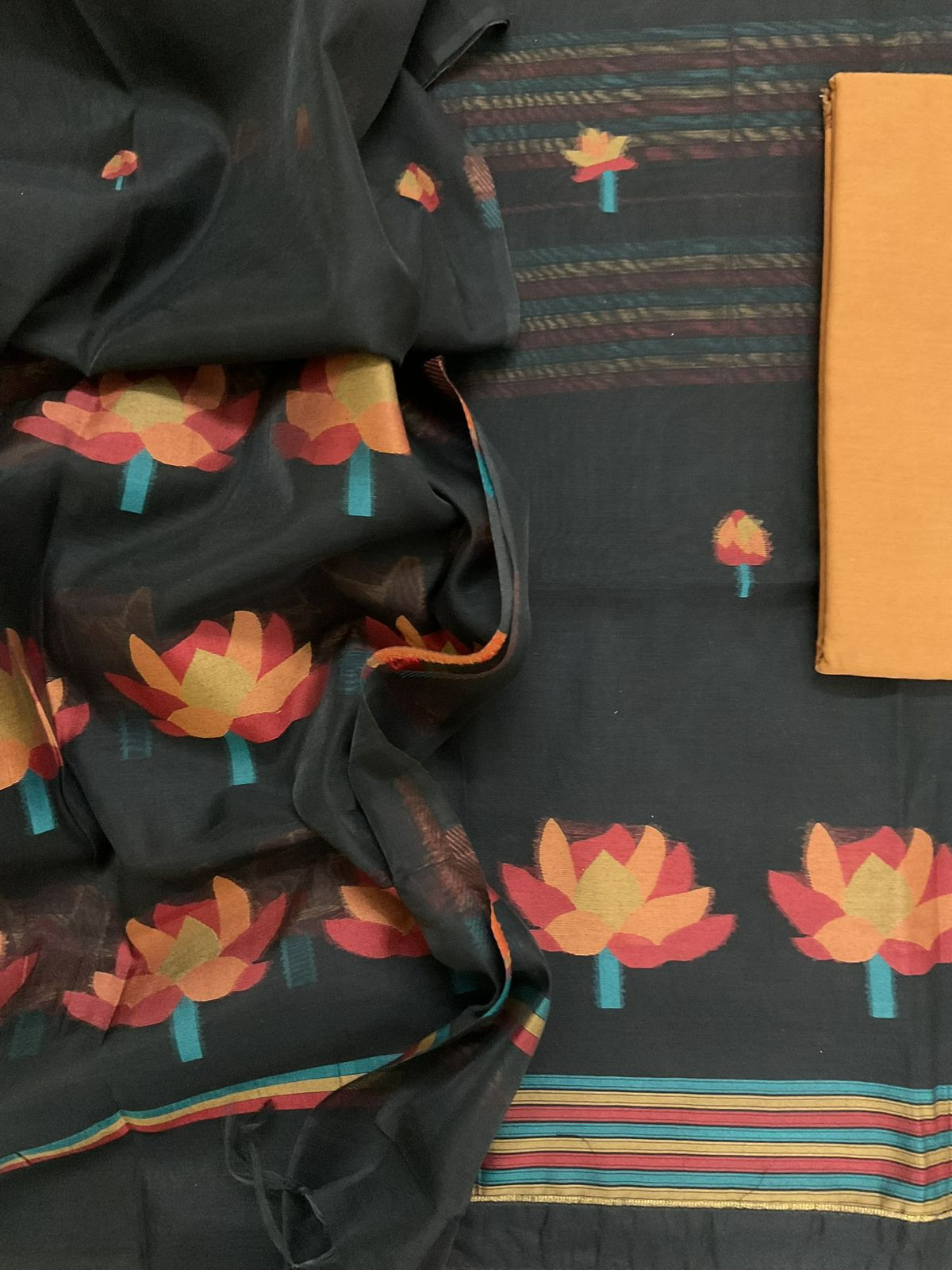 Soft Kora Chanderi Jamdani Weaved Suit - Black