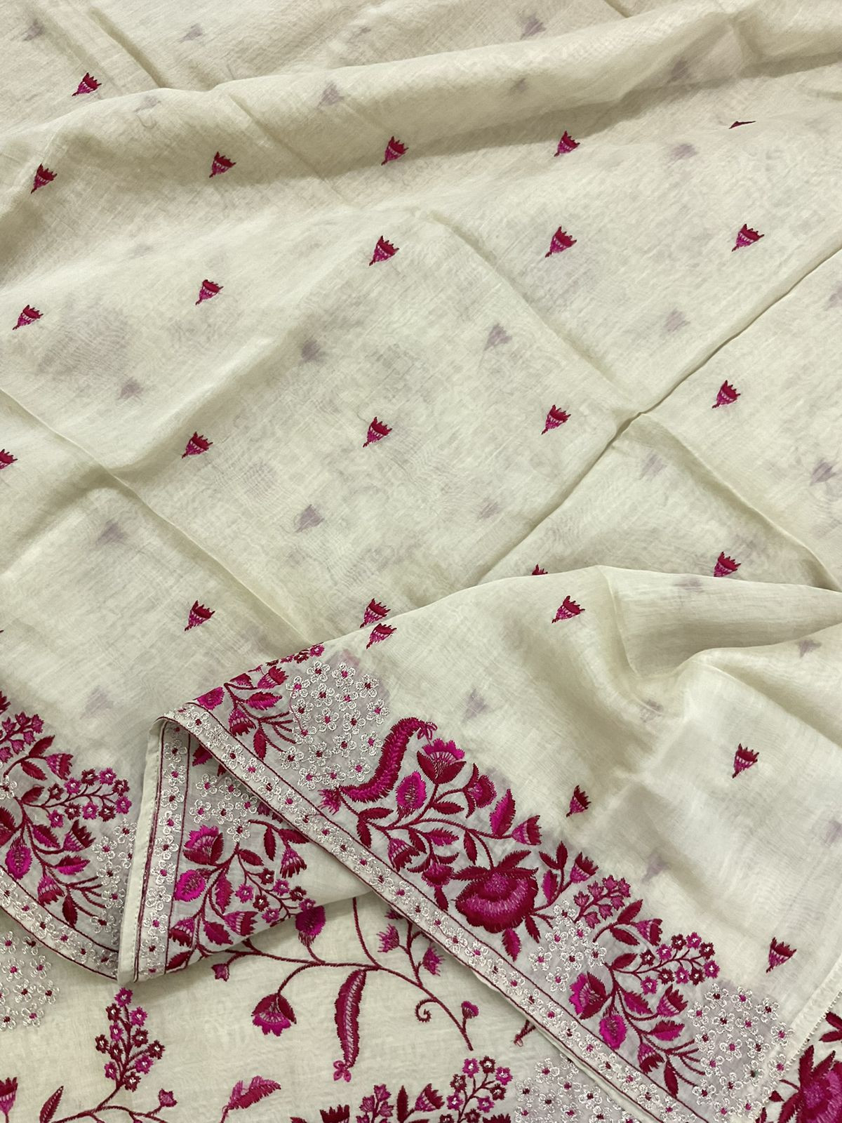 Pure Mul Chanderi Embroidered Suit - Beige