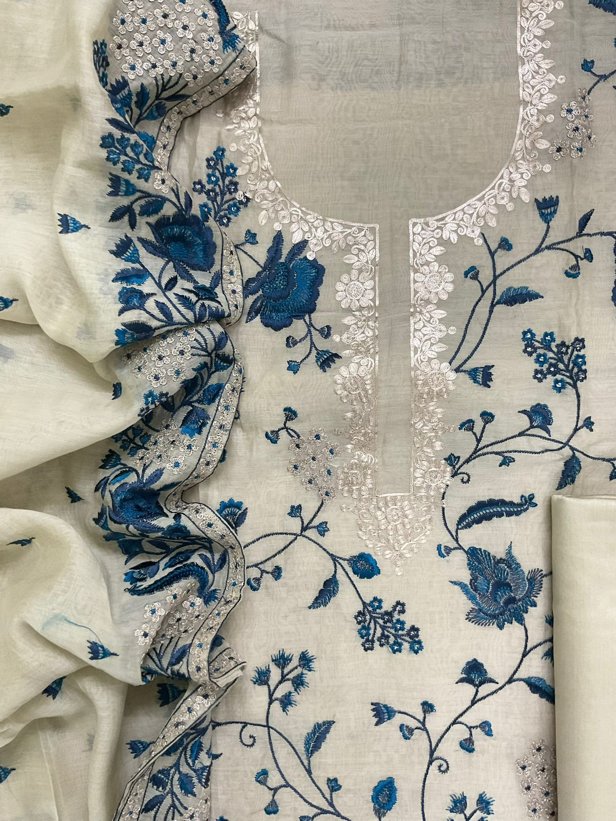 Pure Mul Chanderi Embroidered Suit - Beige