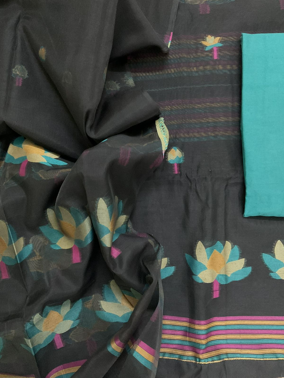 Soft Kora Chanderi Jamdani Weaved Suit - Black