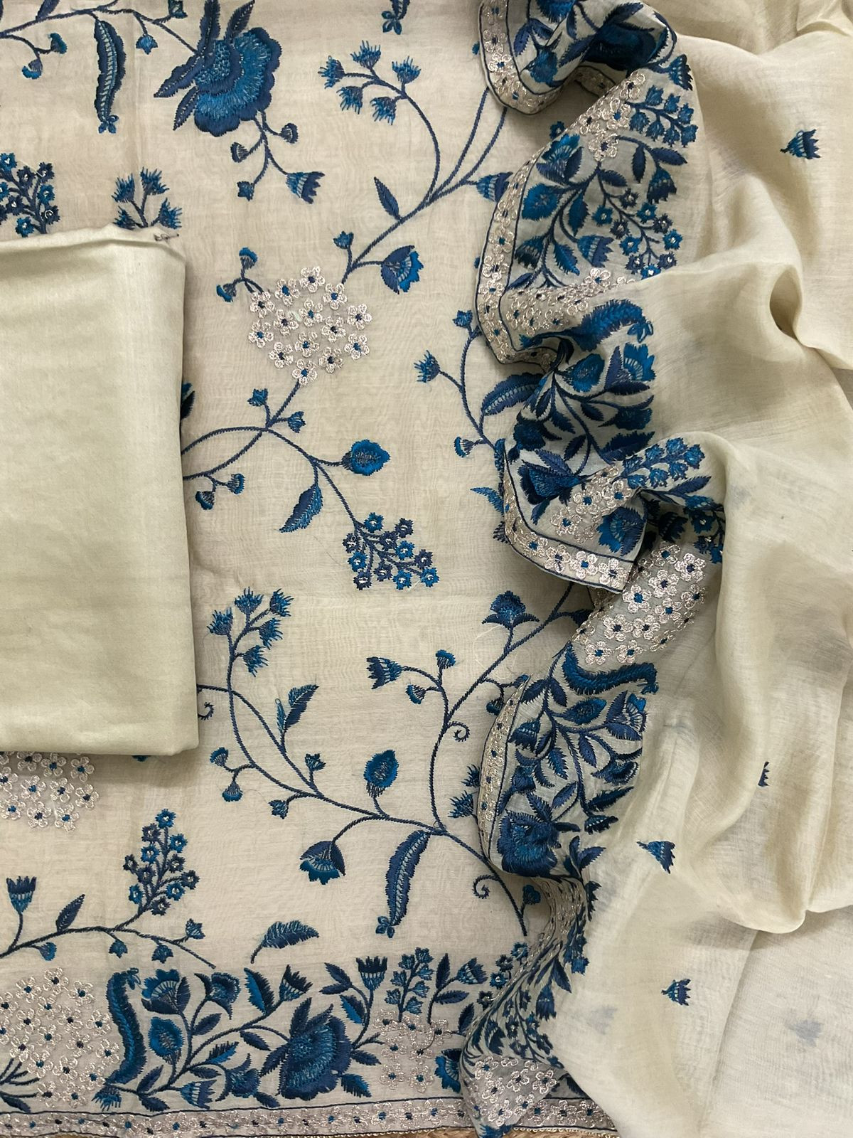 Pure Mul Chanderi Embroidered Suit - Beige